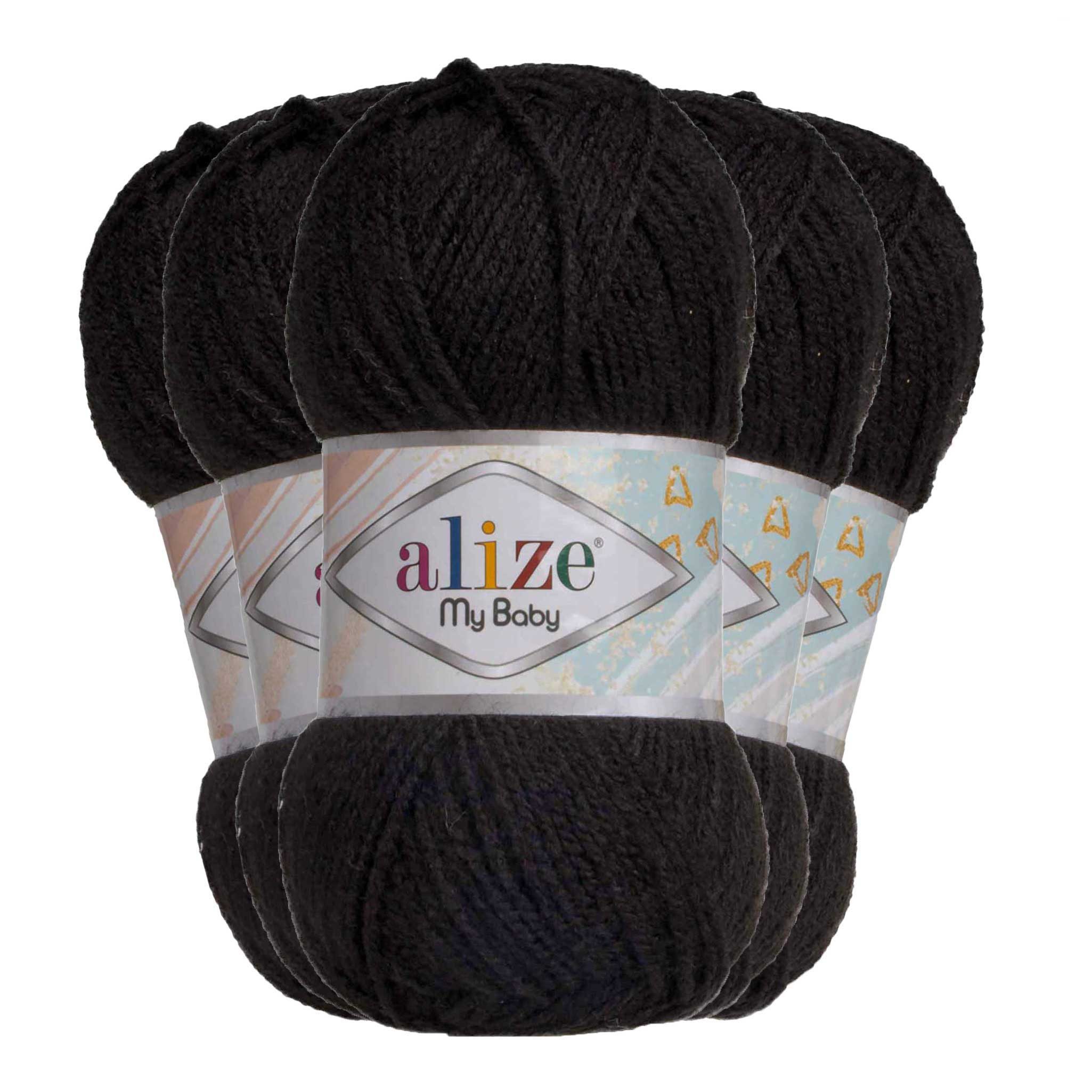 Alize Alize My Baby 5x50g Strickgarn Wolle Acrylgarn Häkelgarn Farbwahl Häkelwolle, 750 m (Sparpaket), 60 schwarz