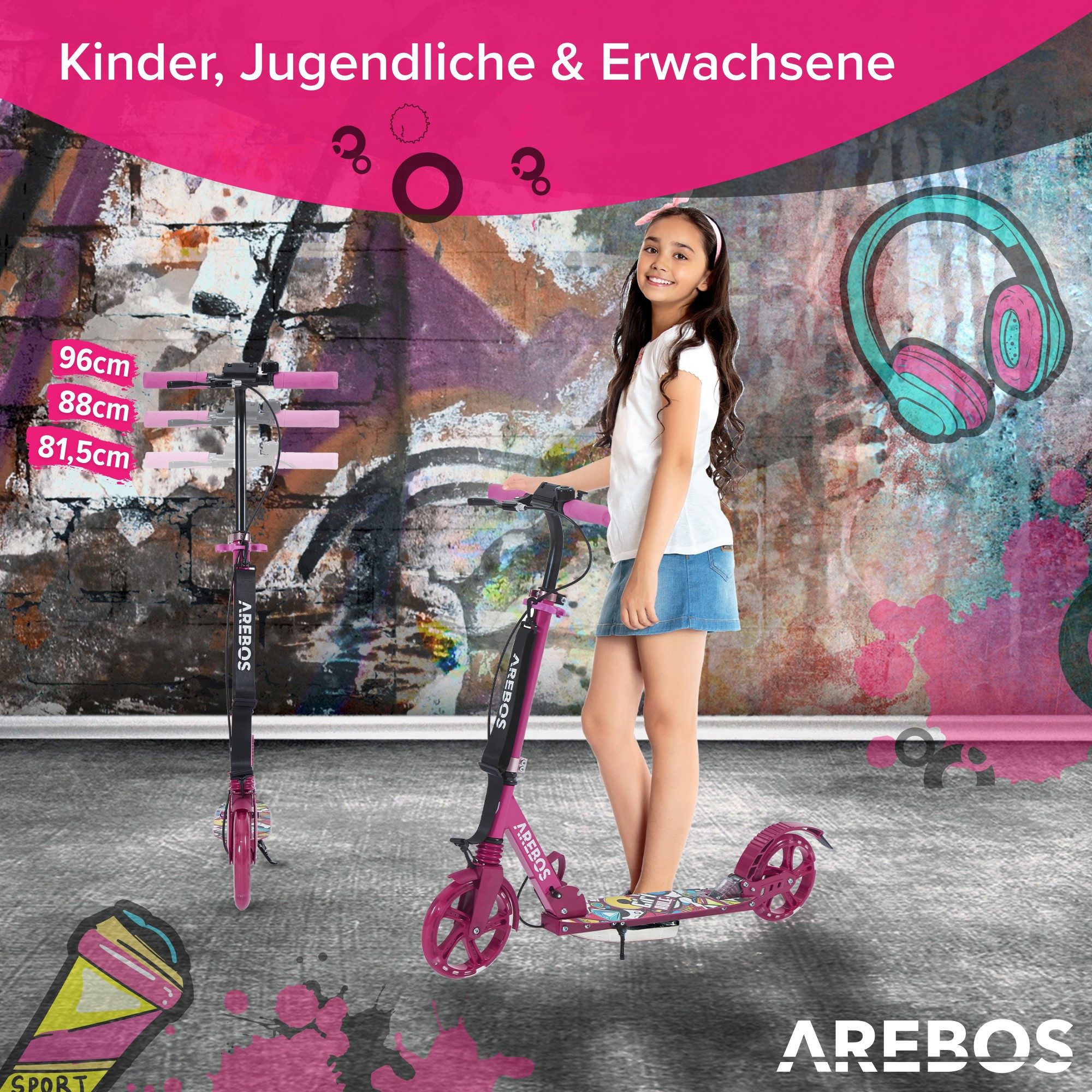Arebos Tretroller LED-Reifen, faltbar, höhenverstellbar, inkl.Klinge l& Bremsen 100 kg, LED-Reifen: Leuchten während der Fahrt, für mehr Sichtbarkeit und Spaß