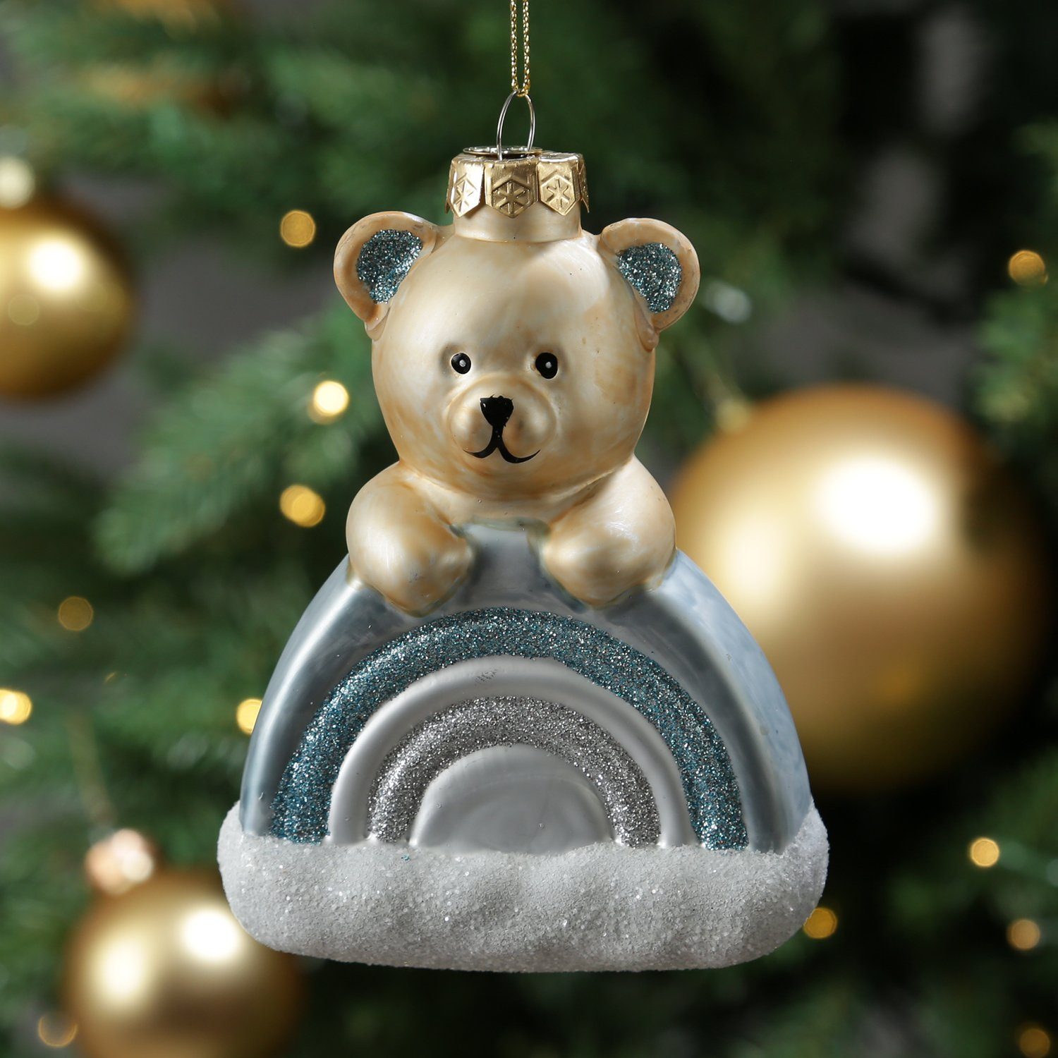 MARELIDA Christbaumschmuck Weihnachtsbaumschmuck Teddybär mit Regenbogen Glas H: 13,5cm blau