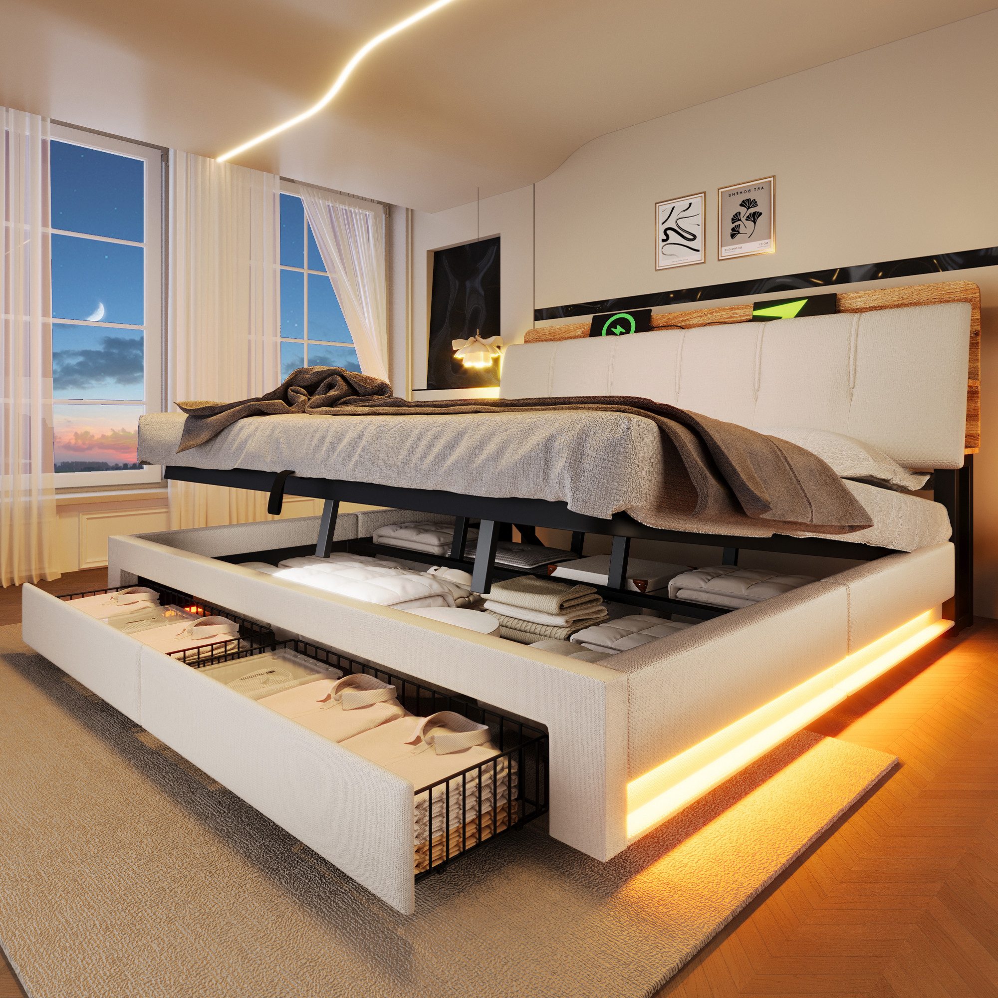 Merax Polsterbett mit LED-Beleuchtung, USB & Typ-C (1-tlg), Doppelbett 180x200cm mit hydraulischem Stauraum & 2 Schubladen, Leinen