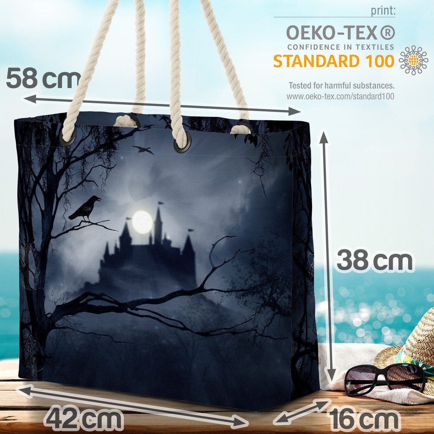 VOID Strandtasche (1-tlg), Gruselschloss Mond Rabe Gruselschloss Mond Rabe Dracula Vampir Schlos