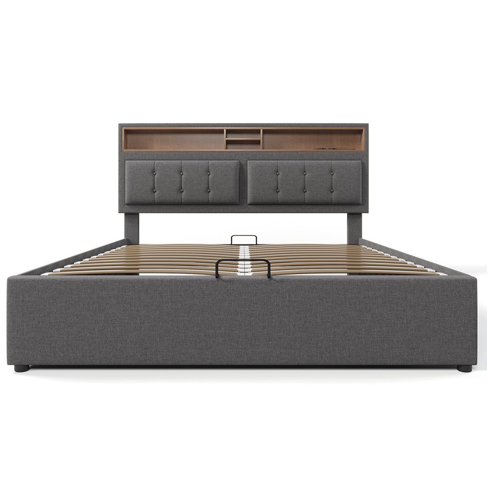 Polsterbett (Hydraulisches Stauraumbett mit Lattenrost), Doppelbett 160x200cm mit USB Typ C Ladefunktion Kopfteil, Leinen