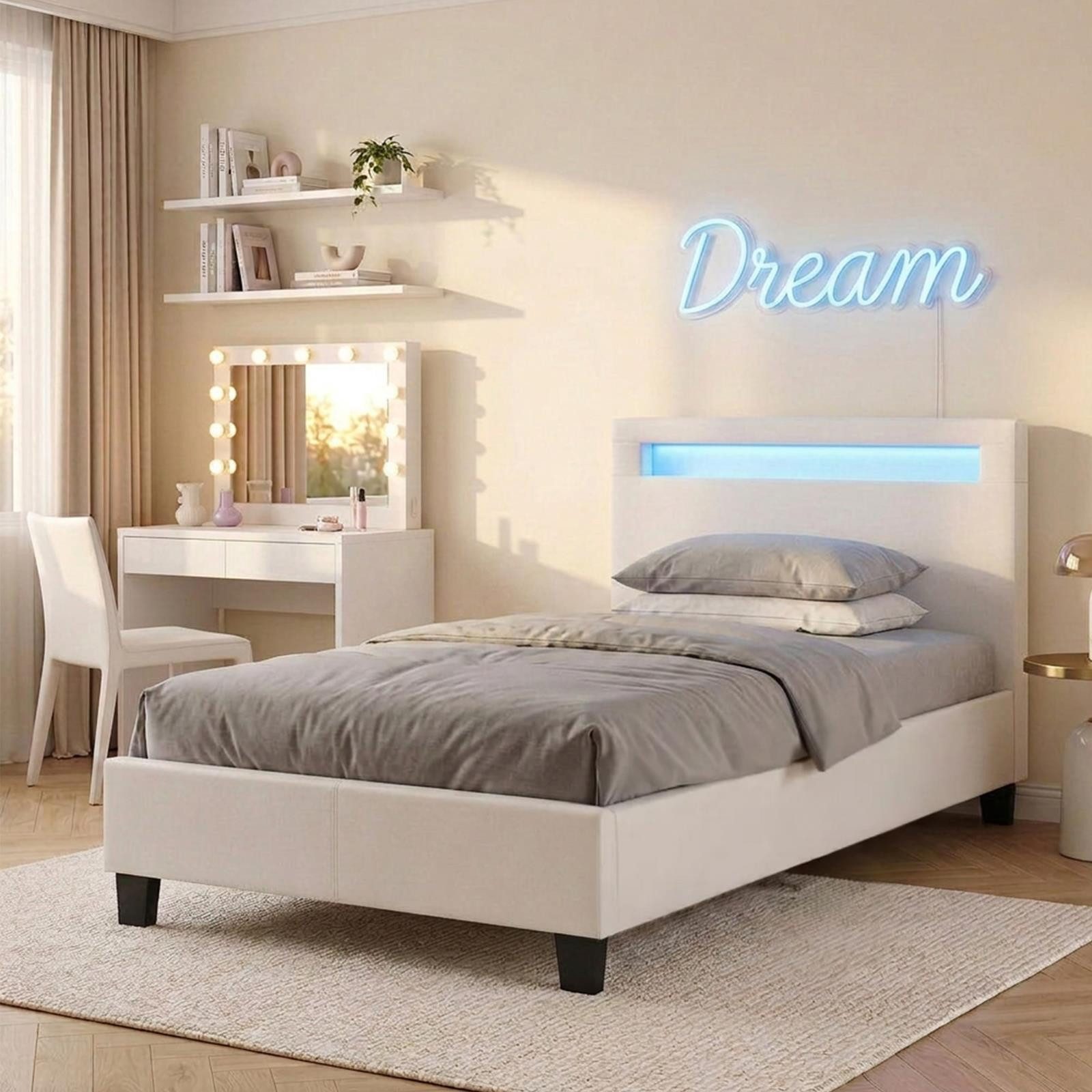 CARO-Möbel Polsterbett HIMALAYA, Polsterbett Einzelbett Jugendbett Bettgestell mit LED 90 x 200 cm