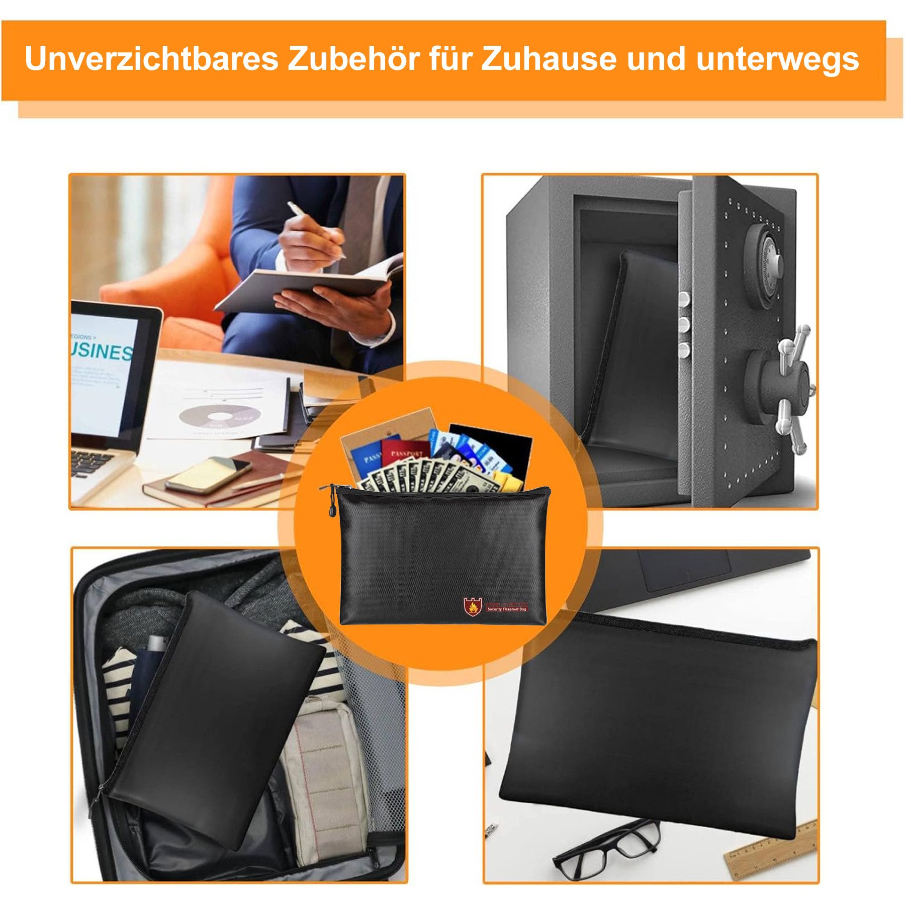 Mutig Dokumententasche 2 Stück Feuerfeste Dokumententasche(34x25cm+20x29cm,4200) (Feuerfeste Geldtasche, Tresor Feuerfest Wasserdicht Geldscheine, Aufbewahrung Aktentasche, Für Dokumente, Geld, Passport, Bankdatei, Bargeld), für Zuhause, Büro und Reisen – ideal für Familien und Geschäftsleute