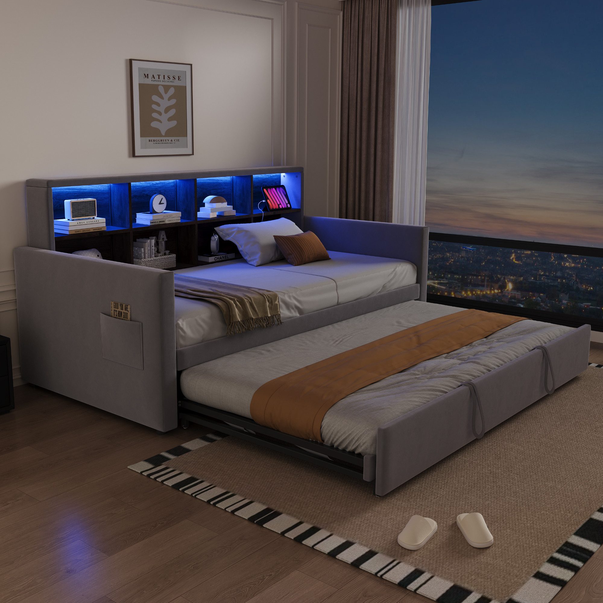 REDOM Schlafsofa mit Ausziehfunktion, LED-Lichtleiste & integrierten Ladeanschlüssen, Samtbezug & Stauraum im Kopfteil, Polsterbett Funktionsbett, ohne Matratze, 90/180x190 cm