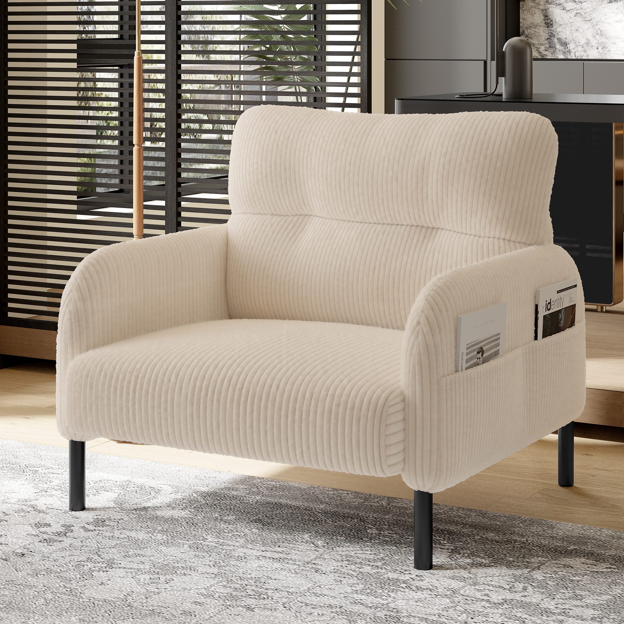Celya Sessel Relaxsessel Polsterstuhl Loungesessel, Cordstoff (1-St, 67x75x79 cm, Armlehnen mit Seitentaschen auf beiden Seiten), geeignet für Wohnzimmer, Schlafzimmer und Arbeitszimmer