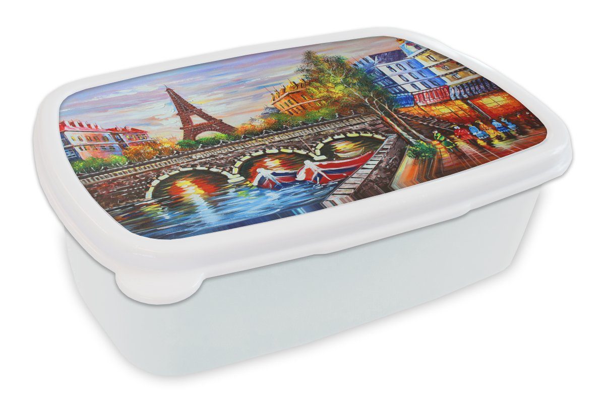 MuchoWow Lunchbox Gemälde - Öl - Eiffelturm - Paris - Wasser, Kunststoff, (2-tlg), Brotbox für Kinder und Erwachsene, Brotdose, für Jungs und Mädchen weiß