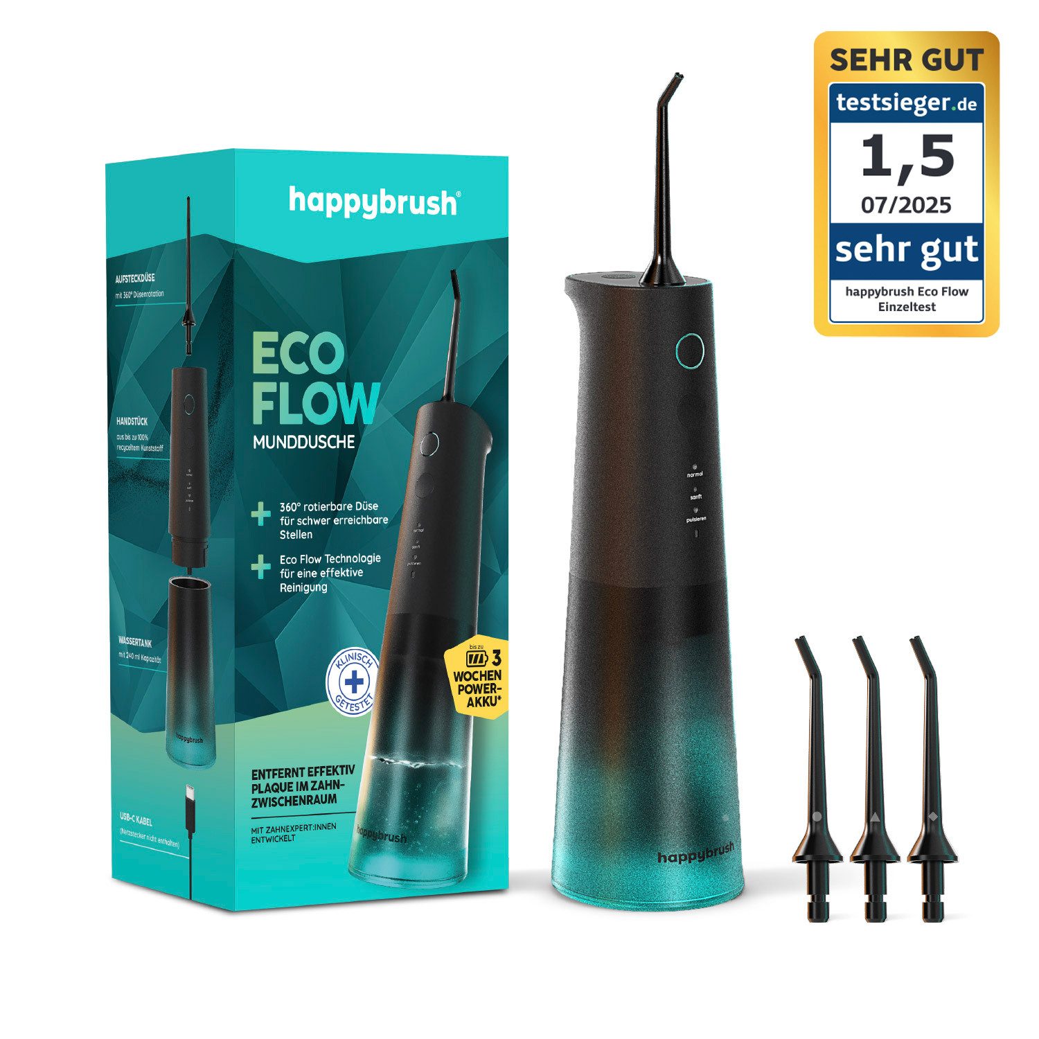 happybrush Munddusche Eco Flow Set - 100 Tage Probeputzen - bis 3 Wochen Power Akku, Aufsätze: 2 St., 240ml Wassertank, hochwertigen TripleBorsten