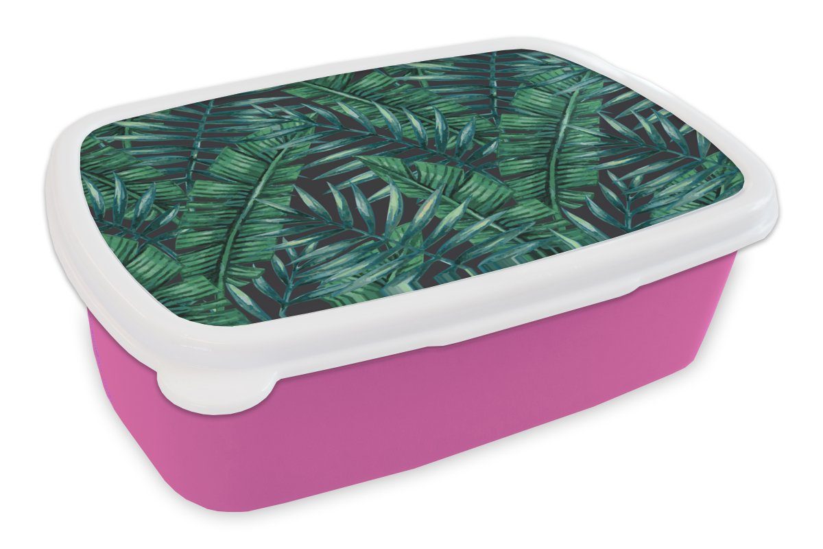 MuchoWow Lunchbox Blätter - Tropisch - Dschungel - Natur, Kunststoff, (2-tlg), Brotbox für Erwachsene, Brotdose Kinder, Snackbox, Mädchen, Kunststoff rosa