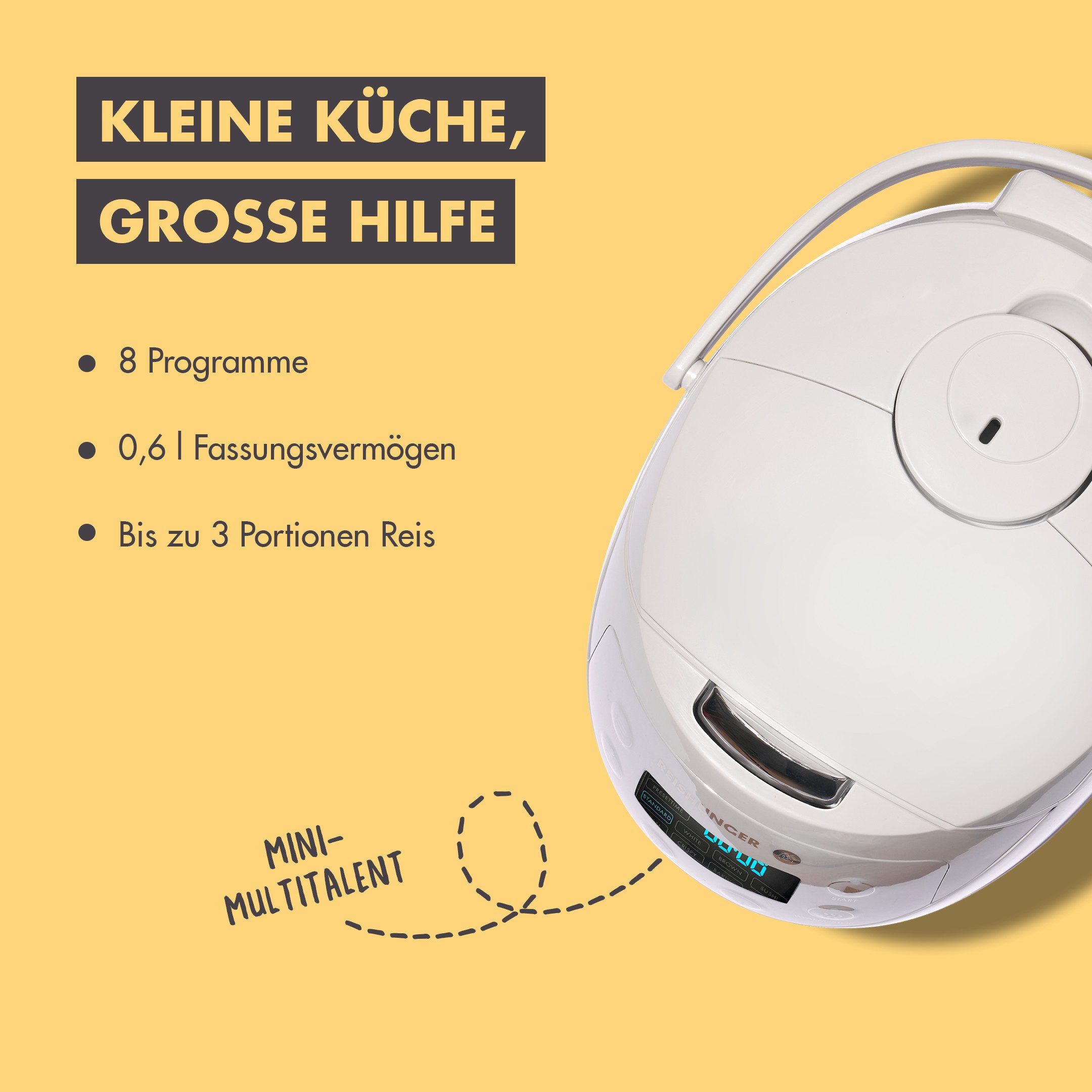 Reishunger Reiskocher - Digitaler Mini Reiskocher, 350 W, Dämpfeinsatz, Messbecher, Reislöffel, Timer- und Warmhaltefunktion