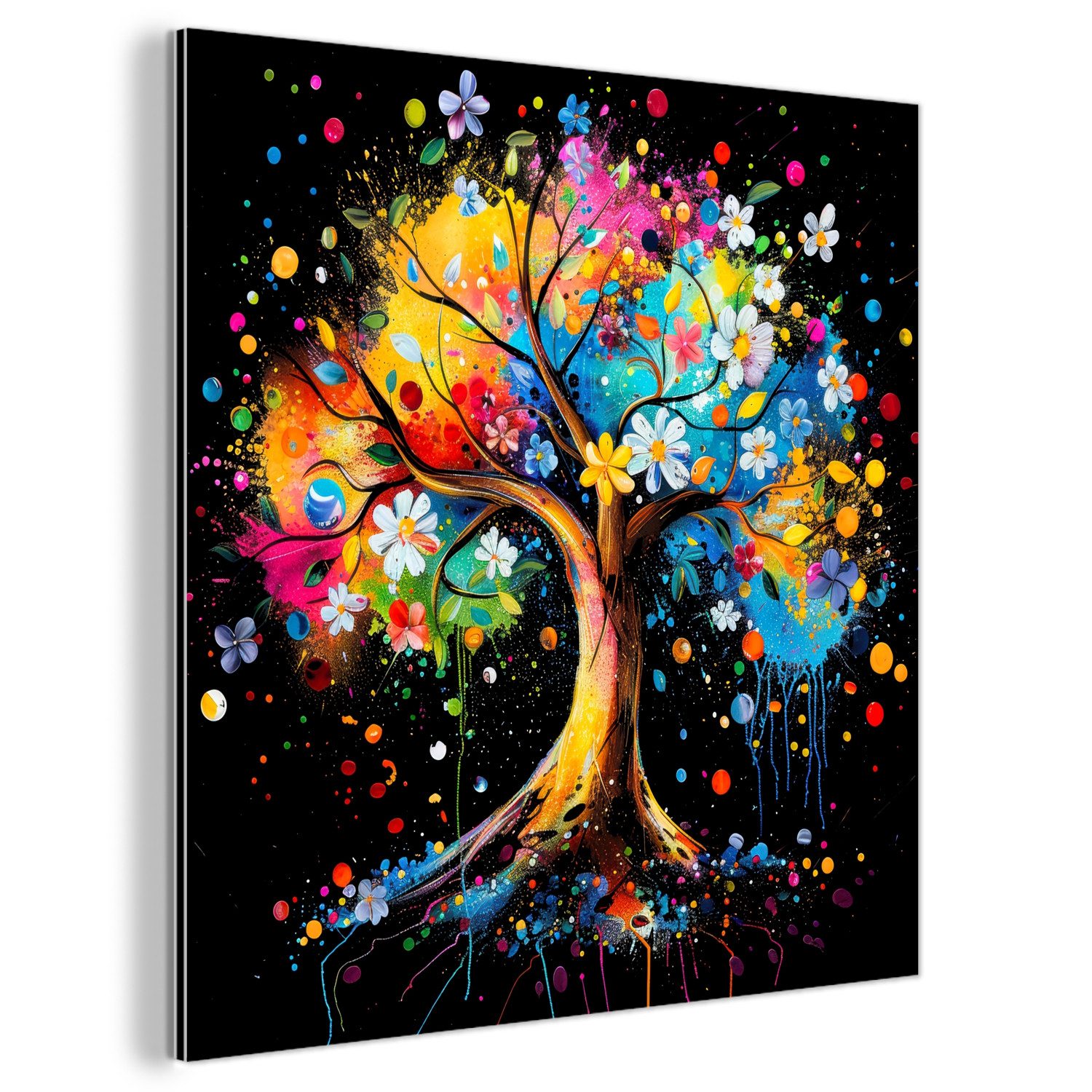 MuchoWow Metallbild Baum - Bunt - Blumen - Schwarz, Inkl. Aufhängung, Alu-Dibond-Druck, Wandbild aus Metall, Aluminium deko, 20x20 cm