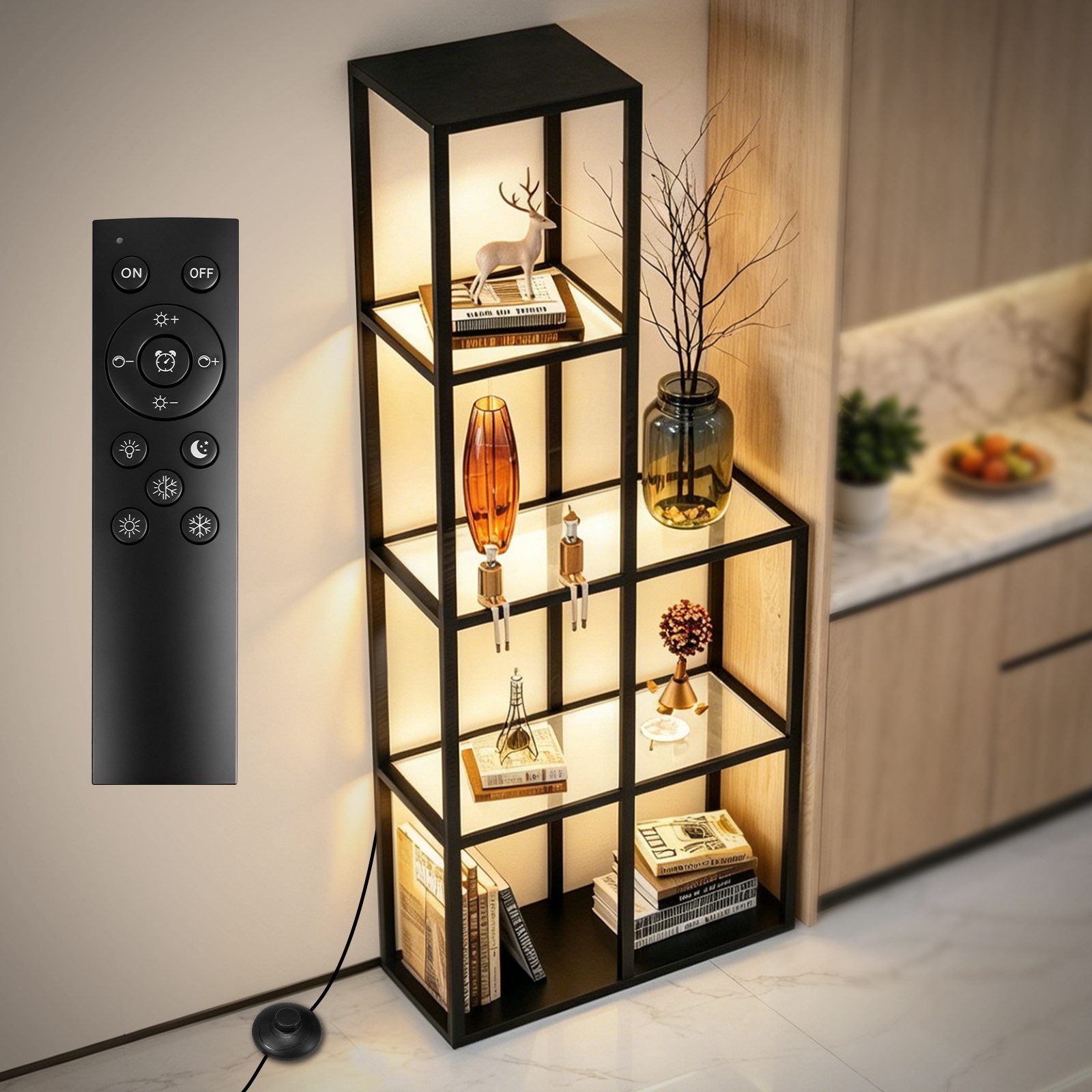 XERSEK Standvitrine Offenes Glasvitrine mit 3 Etagen Glasablagen & LED-Dimmbar 78×30×168cm (Set, Stufenlos Dimmbar per Fernbedienung & Fußsteuerung) für Sammlerstücke, Wohnzimmer, Schlafzimmer, Schwarz