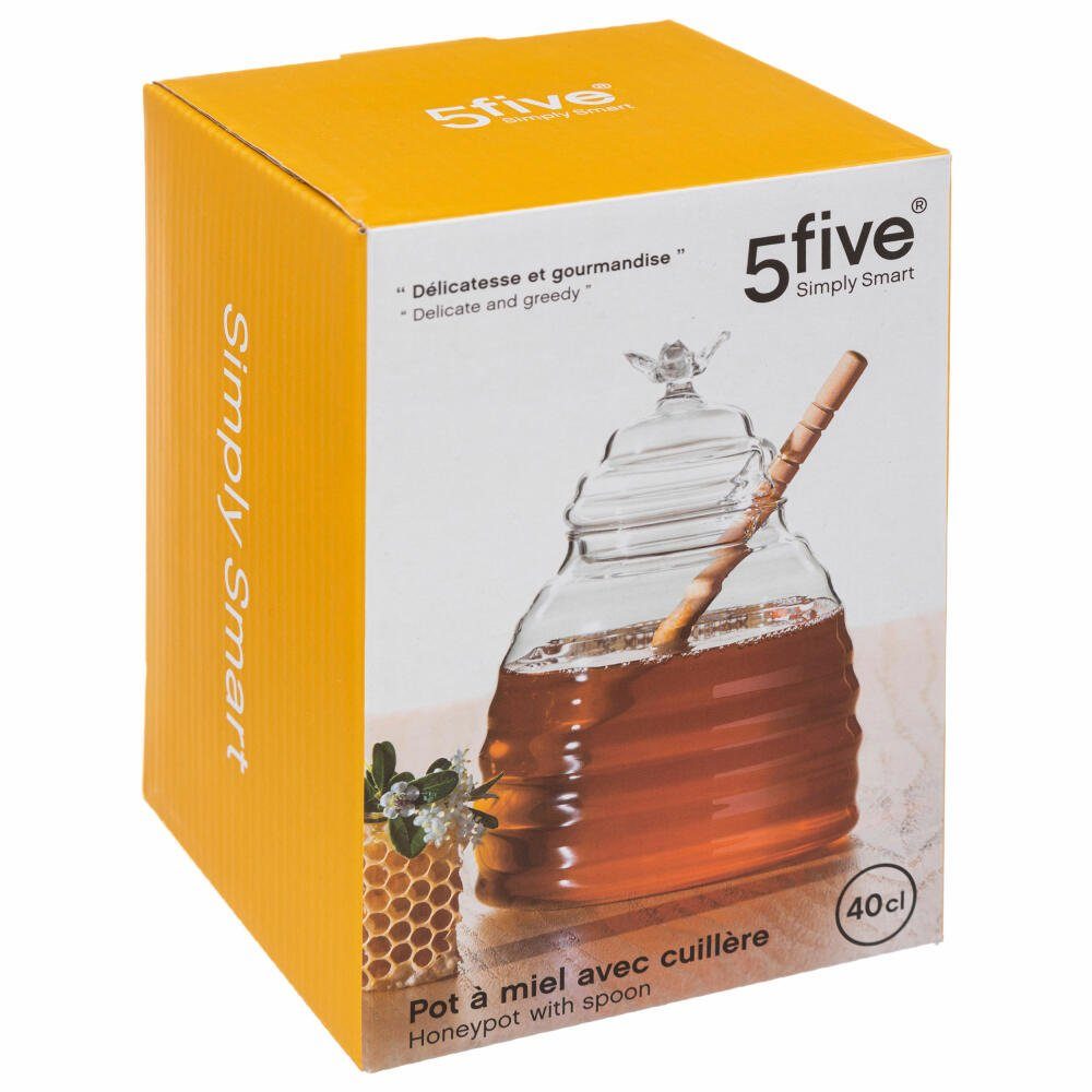 5five Simply Smart Honigglas Honigtopf 400 ml, Glas, Eichenholz, mit Honiglöffel