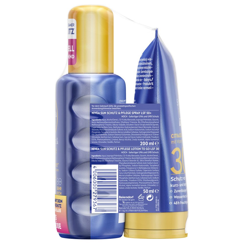 Nivea Sun Sonnenschutzspray Schutz & Pflege Spray LSF50+ 200ml mit To Go Größe Gratis, 2-tlg., wirkt über herkömmliche UV-Filter hinaus