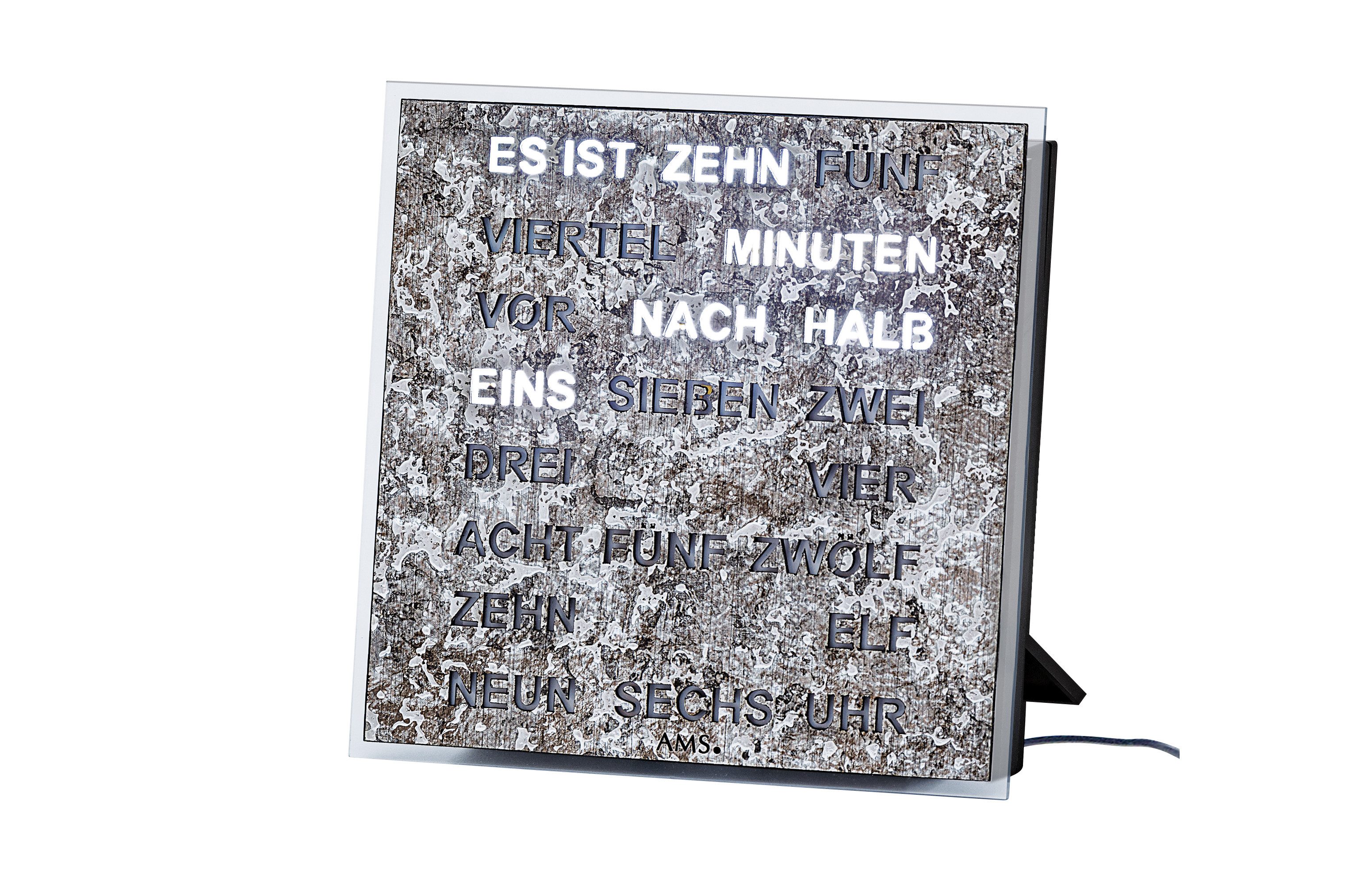 AMS Wanduhr Wortuhr LED Wanduhr Tischuhr 20x20cm (Quadratisch)