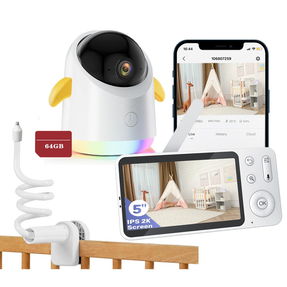 Babyphone 2K/5,0 Zoll WLAN Babyphone mit Kamera und App IR/RBG Nachtsicht