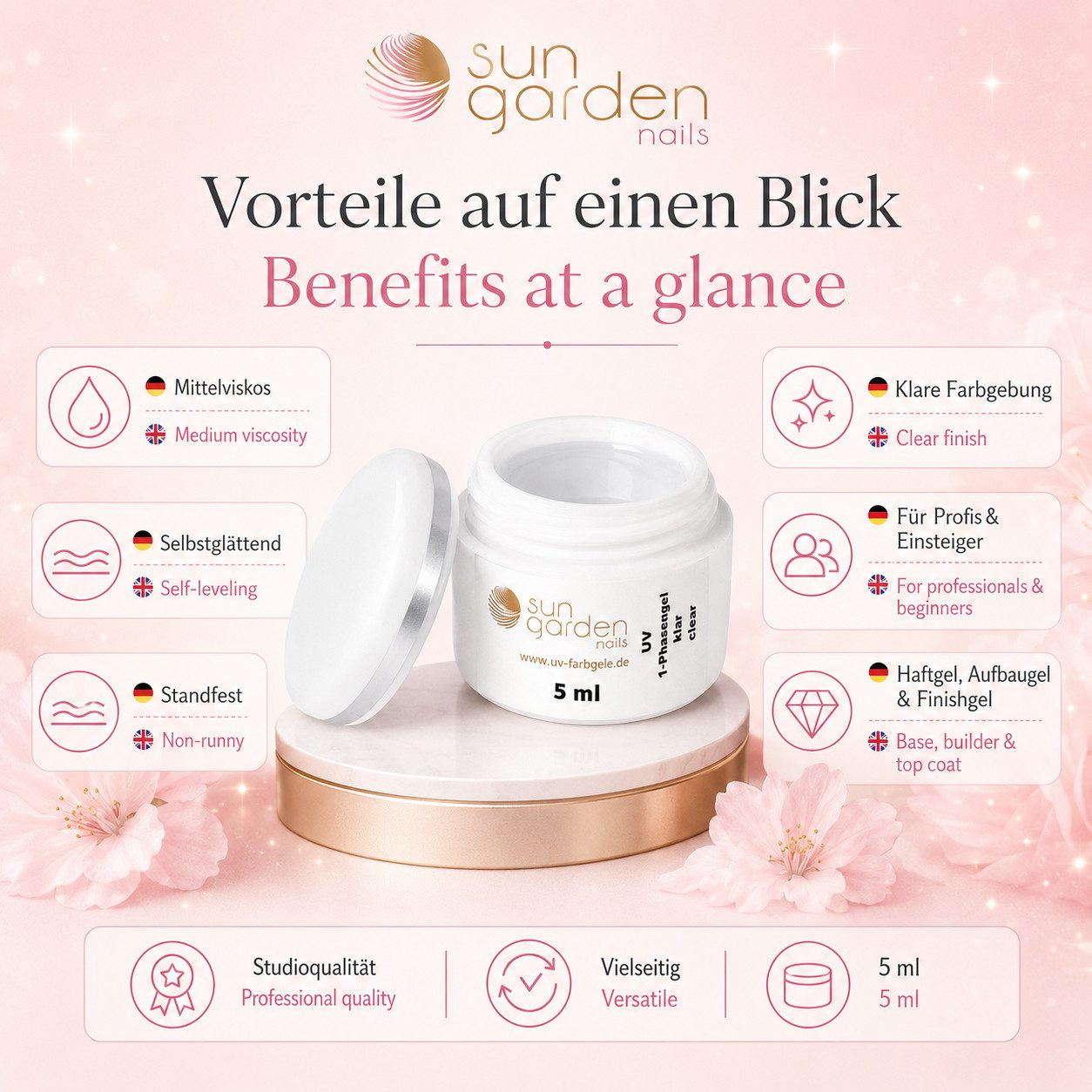 Sun Garden Nails UV-Gel 5 ml UV 1-Phasengel Allround Gel klar – Bild 2 von 5