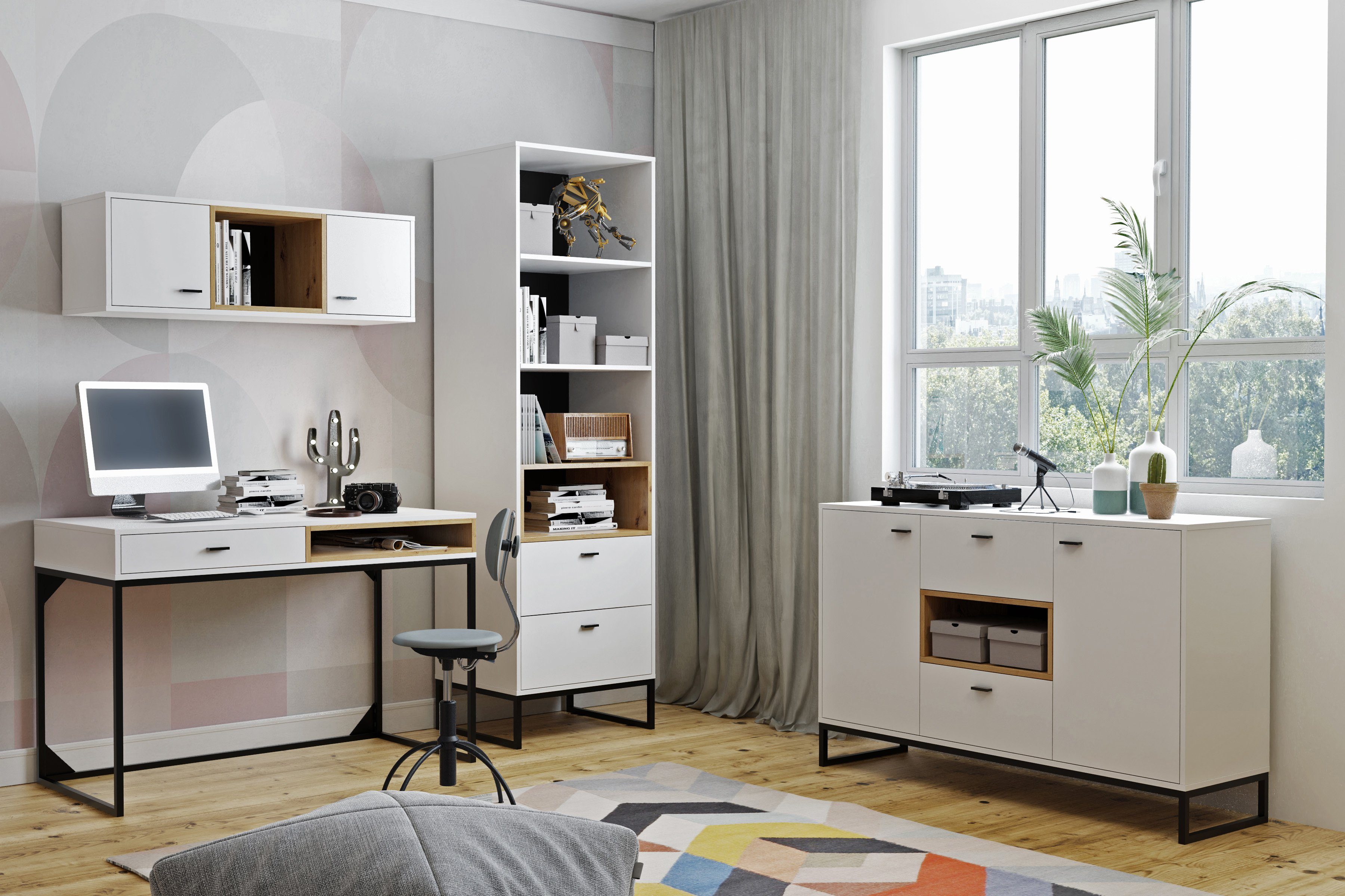 cm x Weiß/Artisan Arbeitsplatz x Schublade, T60 Scandi-Design, Ablage, Furnix B120 Schreibtisch RELIO H80,5 mit PC-Tisch