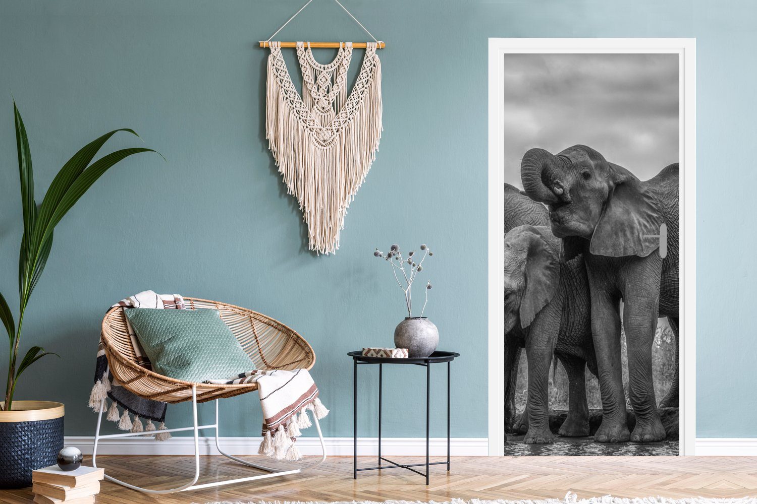 MuchoWow Türtapete Elefant für Fototapete cm Türaufkleber, Wasser Tür, - Tiere - - Schwarz und bedruckt, (1 St), weiß, Matt, 75x205