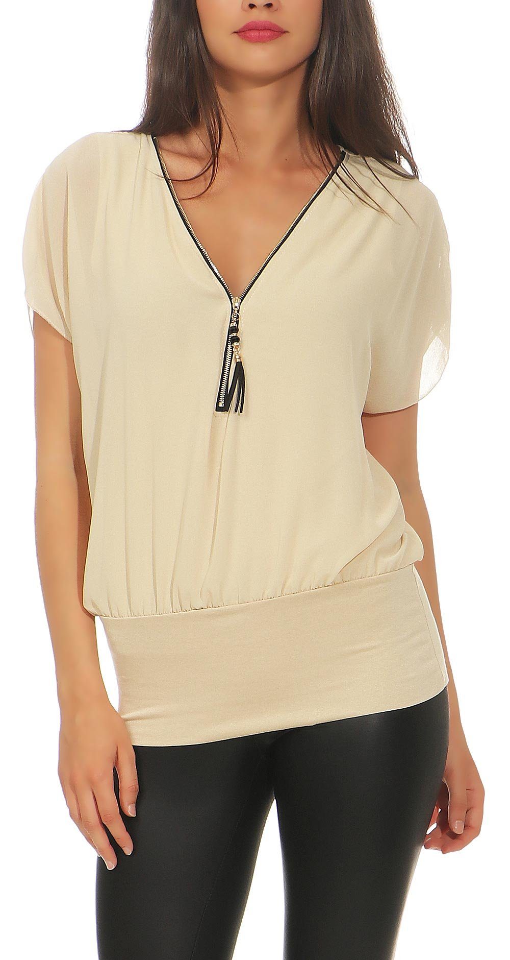 malito more than fashion Chiffonbluse 6298 Kurzarm Bluse beige