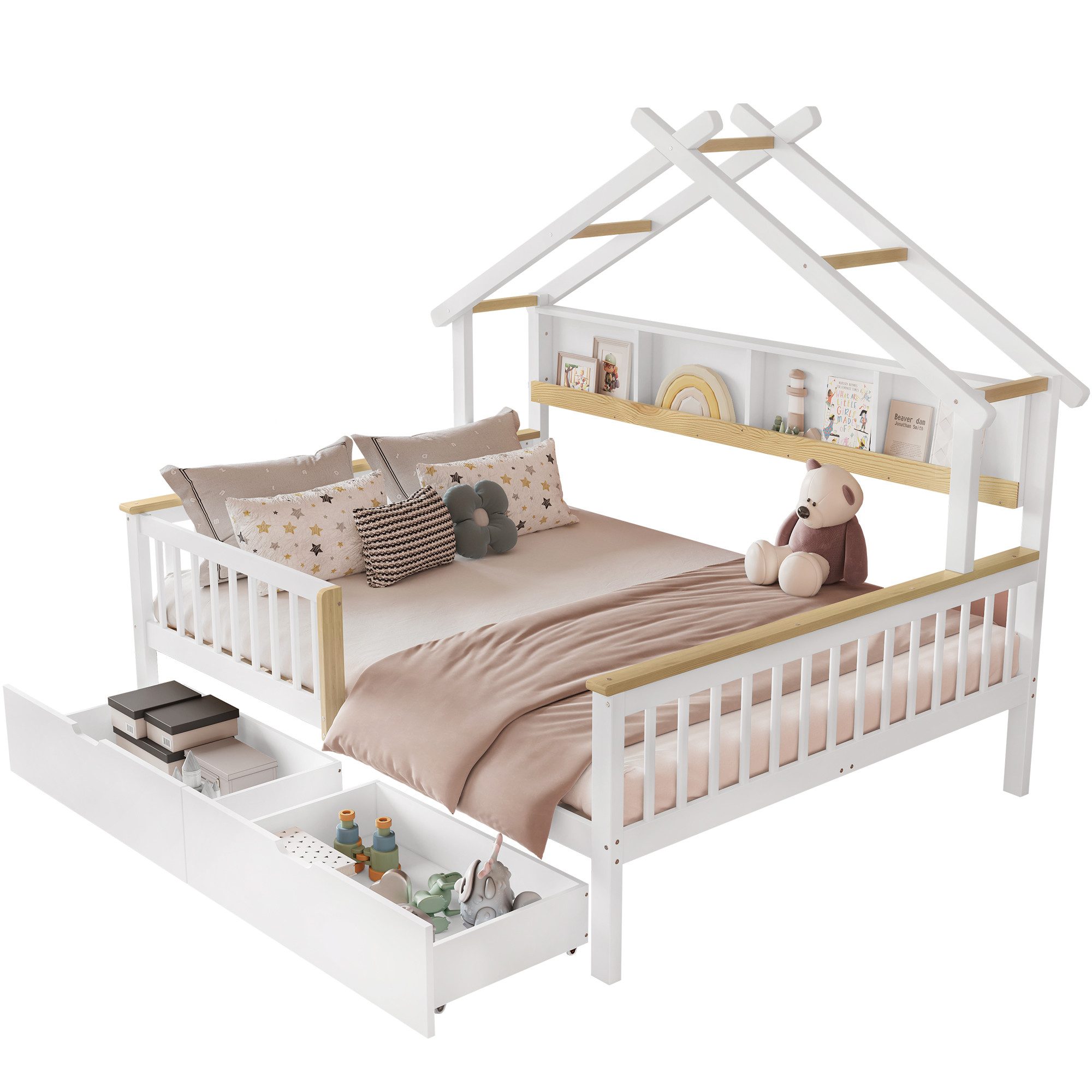 MODFU Kinderbett für Kinderzimmer & Schlafzimmer (Kinderbett mit Fallschutz & Dachdesign, 140x200 cm, Zwei Schubladen auf Rollen, 1-tlg., 218.5x146.5x152cm)