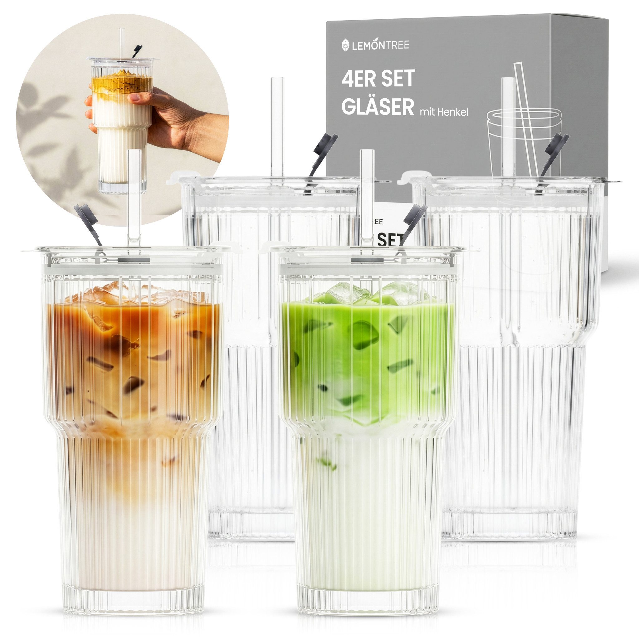 Lemontree Gläser-Set Glasbecher mit Deckel und Strohhalm 2er Set – 600ml Trinkgläser, 4-tlg., Geriffelte Trinkgläser mit Deckel – auslaufsicherer Smoothie Becher