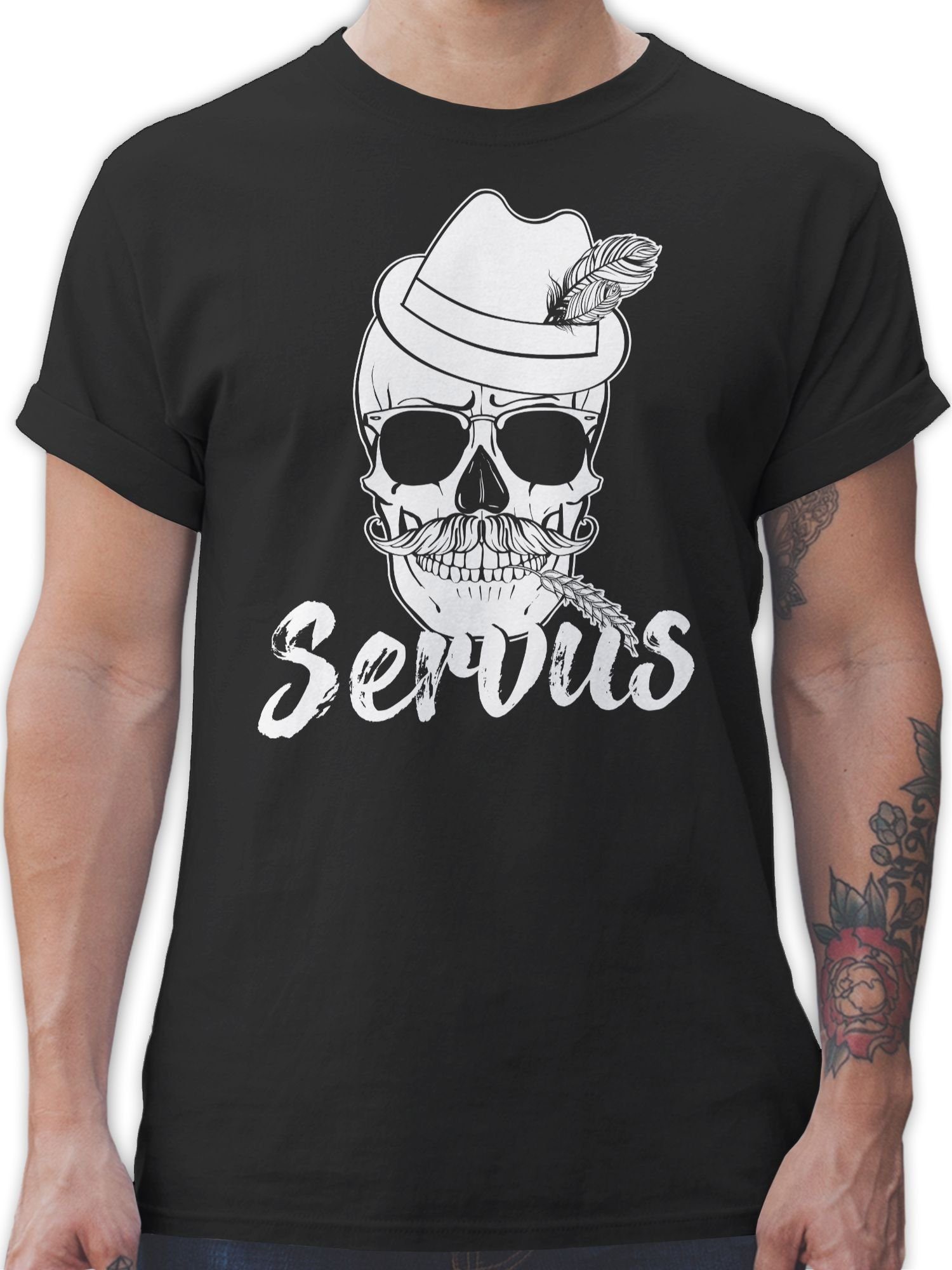 Shirtracer T-Shirt Bayern Totenkopf Servus Weiss Mode für Oktoberfest Herren 1 Schwarz
