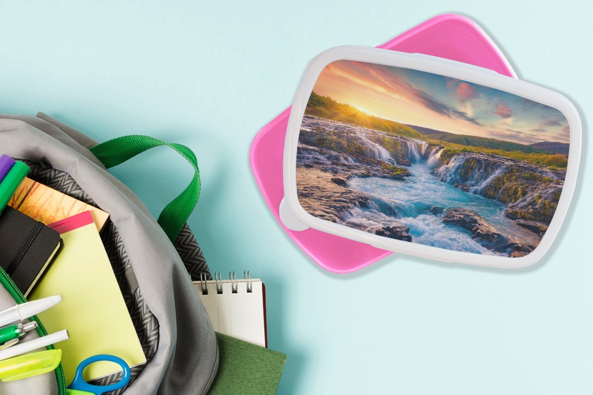Kunststoff Mädchen, Kinder, - Fels, Kunststoff, Wasserfall Moos für rosa MuchoWow Sonnenuntergang Brotbox Lunchbox - Landschaft - Pflanzen Brotdose - Snackbox, Erwachsene, (2-tlg), -