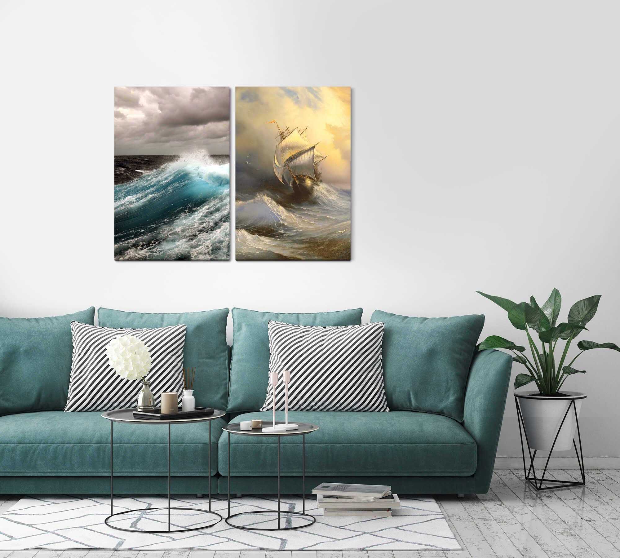 Sinus Art Leinwandbild 2 Bilder je 60x90cm Sturm wilde See altes Segelschiff Ozean Wellen Naturgewalt Kraftvoll