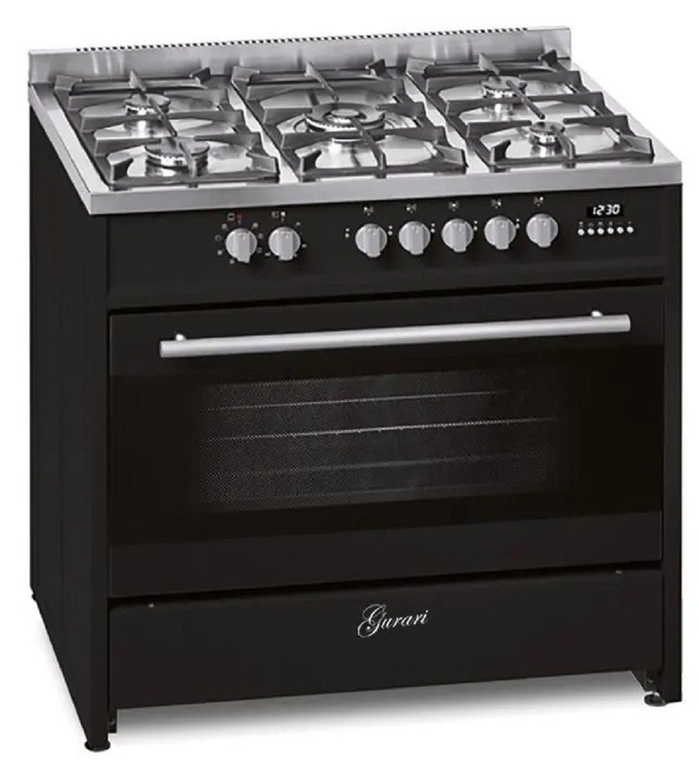 GURARI Gas-Standherd 90 cm, 121L, Range Coocker + Dunstabzugshaube 90 cm Wandhaube 1000 m³/h Motor GCH E 911 BL +GCH 462 BL 9 Prime N, mit 1-fach-Teleskopauszug