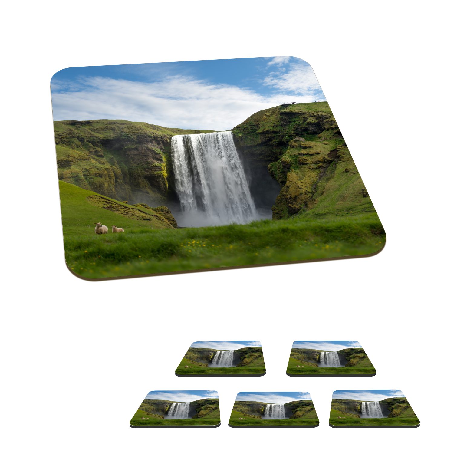MuchoWow Glasuntersetzer Wasserfall - Island - Natur, Zubehör für Gläser, 6-tlg., Glasuntersetzer, Tischuntersetzer, Korkuntersetzer, Untersetzer, Tasse