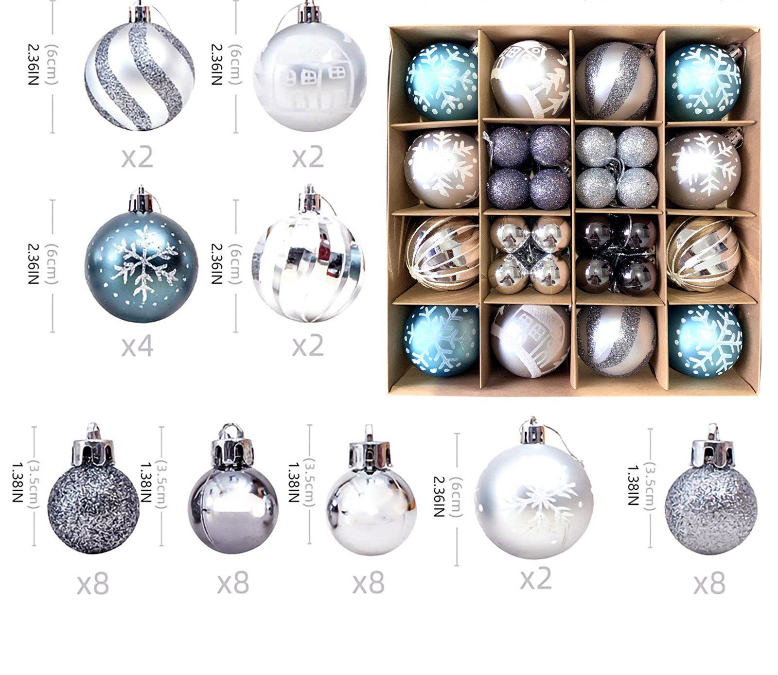 XDeer Weihnachtsbaumkugel Weihnachtskugeln Set, Christbaumkugeln Deko Weihnachten, Weihnachtsbaumschmuck,Weihnachtsbaumkugeln silber + blau
