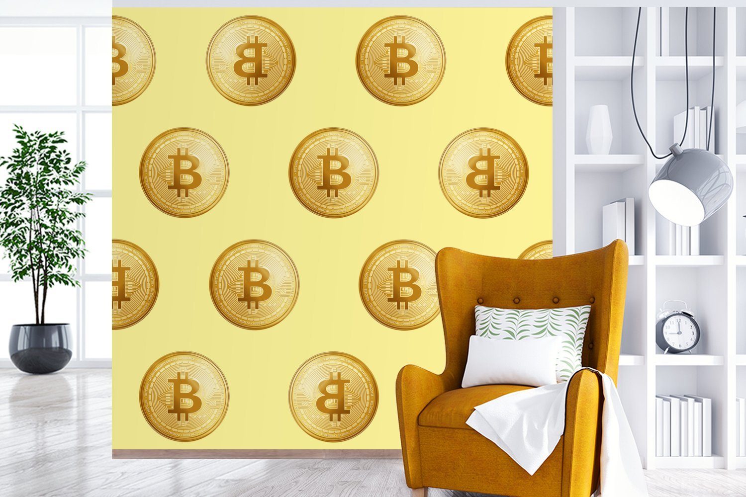 MuchoWow Fototapete Bitcoin - Gold für Matt, Wohnzimmer Tapete bedruckt, Wandtapete Schlafzimmer, - (5 Gelb, oder Vinyl - Muster St)