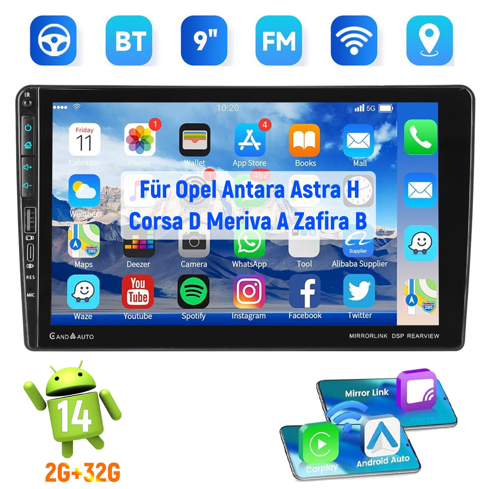 ESSGOO Für Opel Antara Astra H Corsa D Meriva Zafira Kamera Android 15 Type-C Autoradio (RDS, 4+64GB(optional), Type-C, Digitalradio (DAB), FM, AM, Carplay Android Auto Bluetooth EQ USB GPS Navi WIFI Touchscreen)