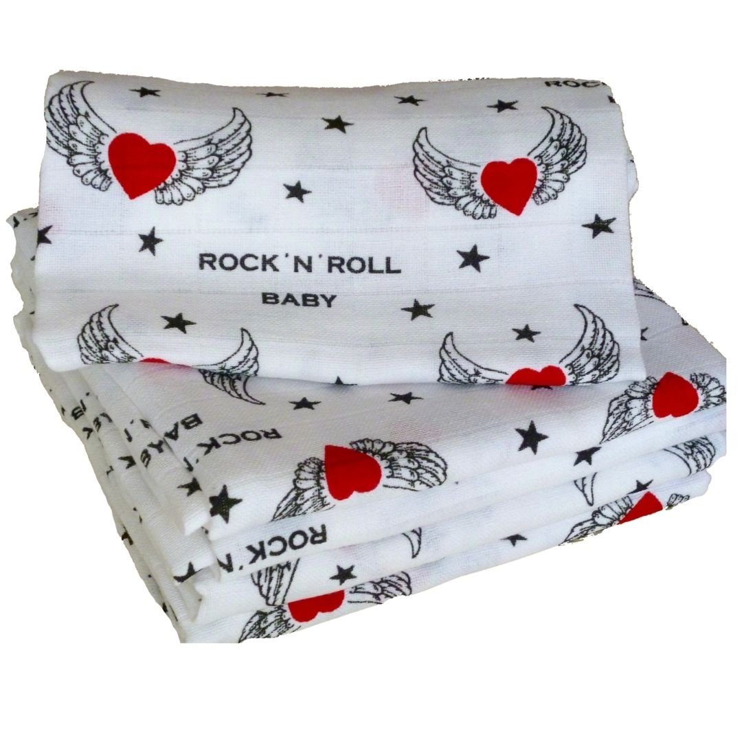 Babymajawelt Spucktuch Baby Mullwindeln Mulltücher "Rock´n´Roll Baby 80 x 80 cm, 5er Set, Premium Qualität, Made in EU, Schmusetuch für kleine ROCKER!