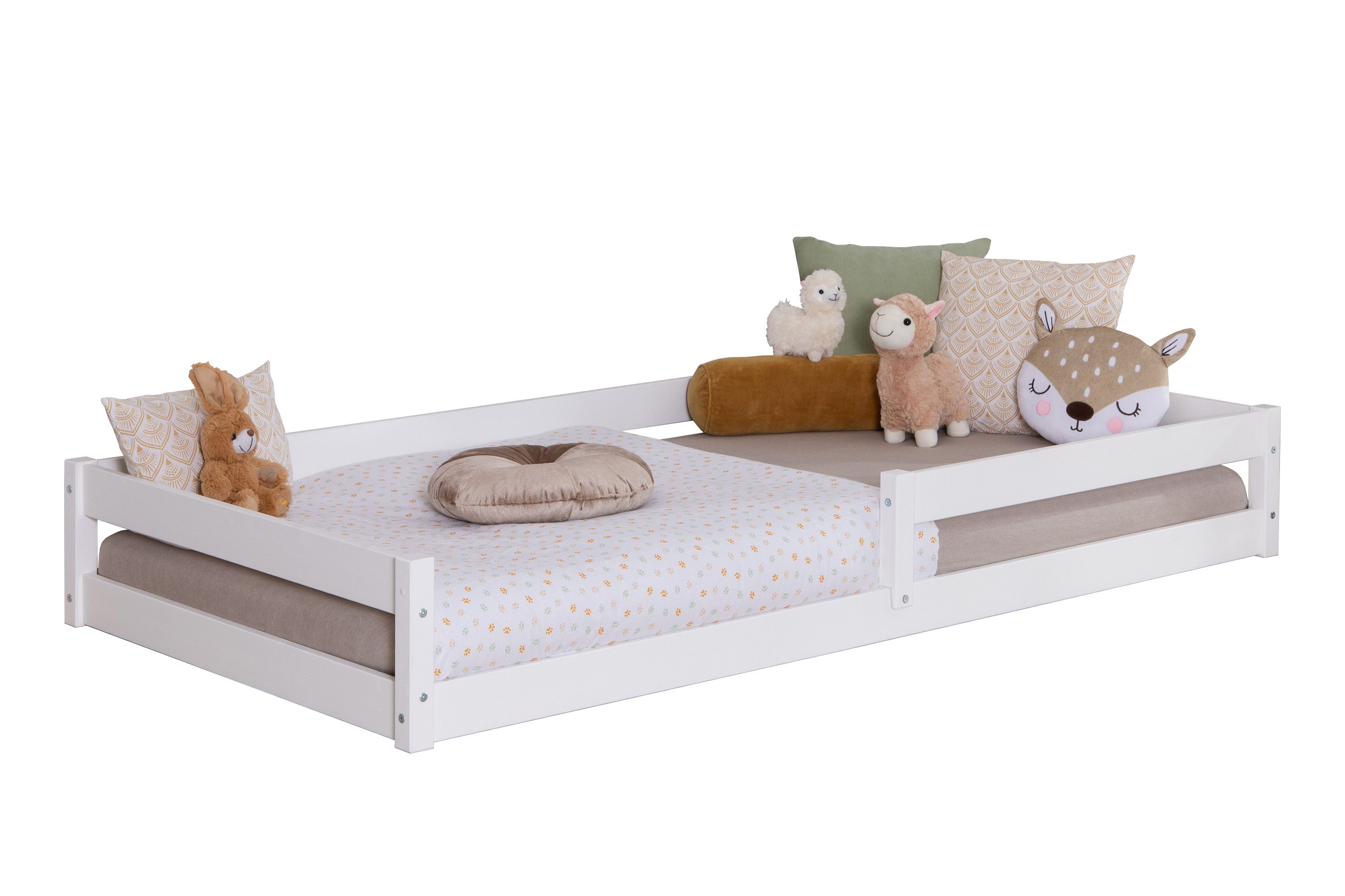Ticaa Kinderbett Emi Hausbett Bodenbett mit Rausfallschutz 150kg (aus Kiefer Massivholz), inkl. stabilem Roll-Lattenrost, Weiß