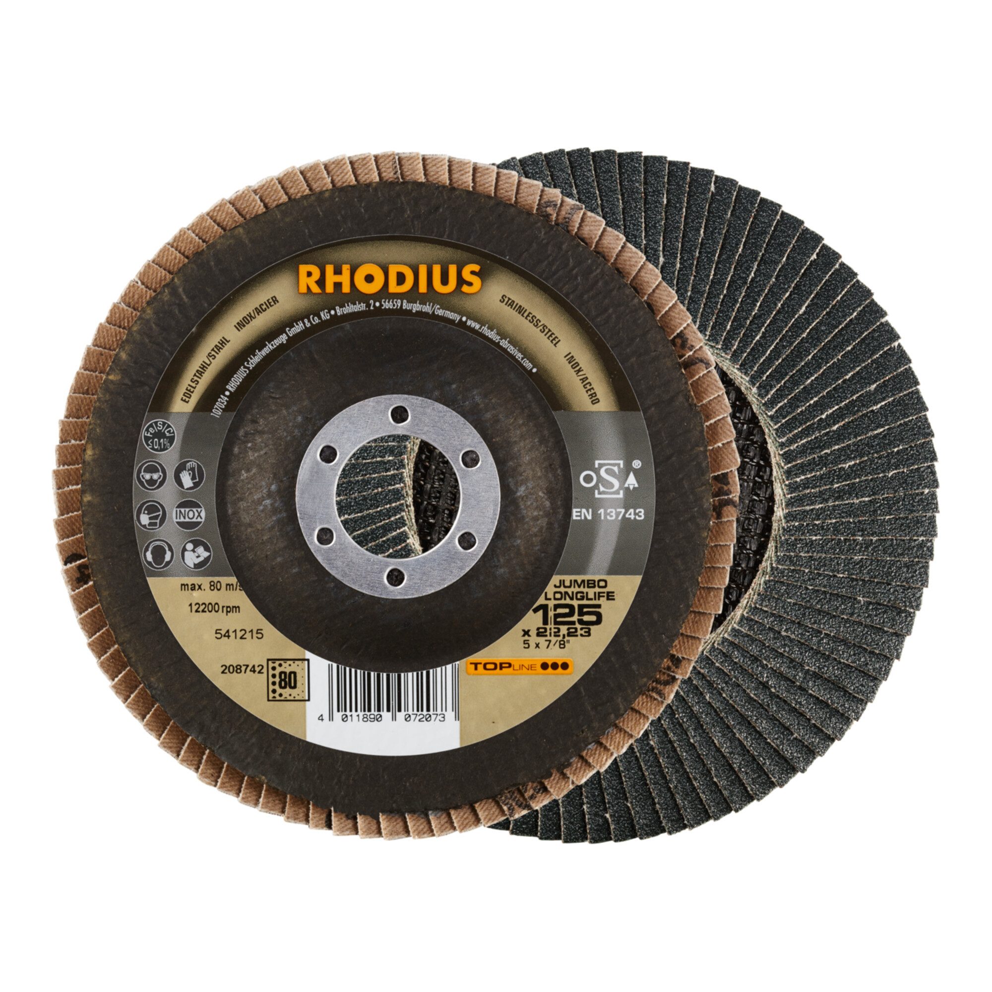 Rhodius Schleifscheibe RHODIUS TOPline JUMBO LONGLIFE EXTENDED Fächerschleifscheibe 125 x 22