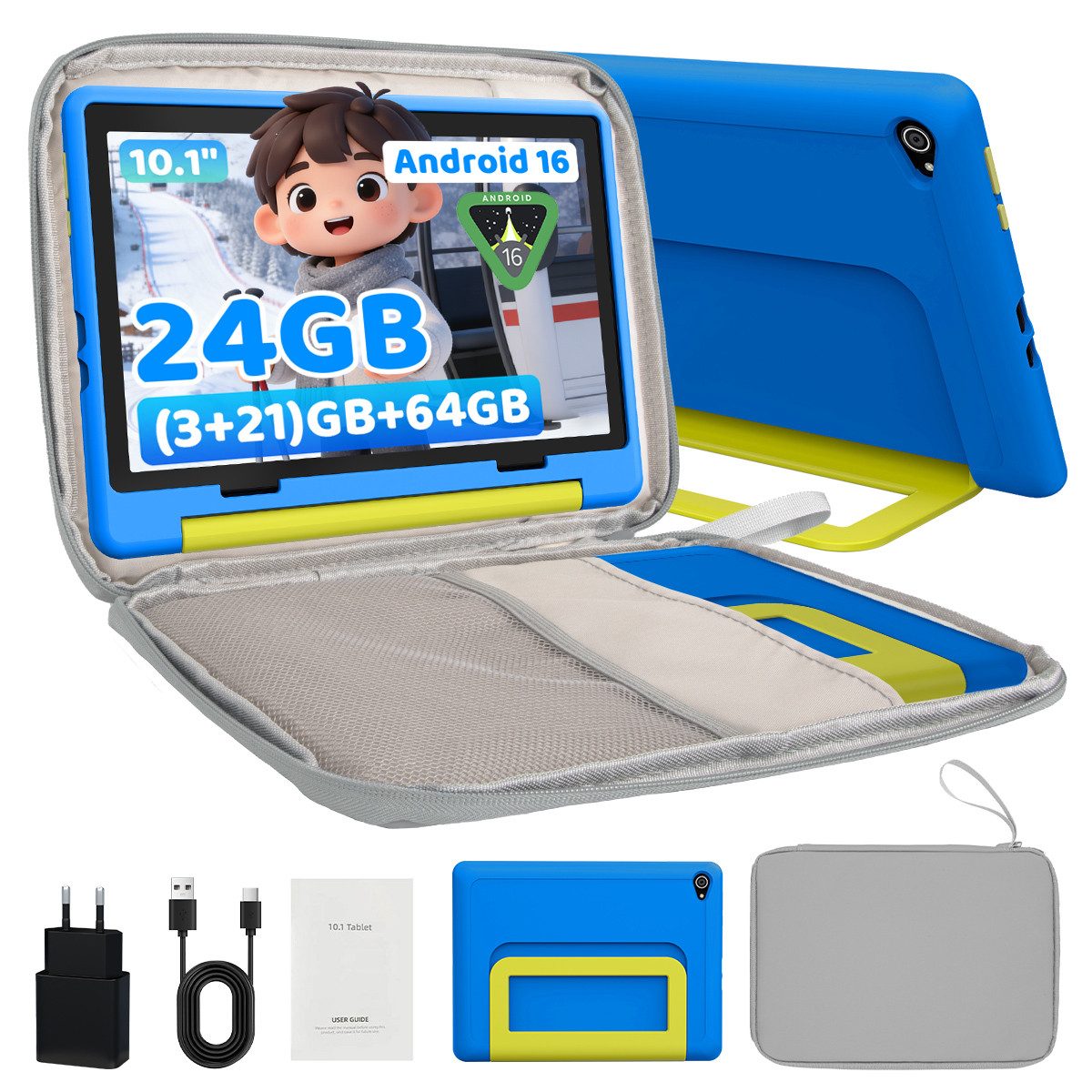 BUFO Kinder Lern-Tablet mit Elternkontrolle 10'' Android 16, 64GB Tablet (10", 64 GB, Android 16, Kids Bumper blau)