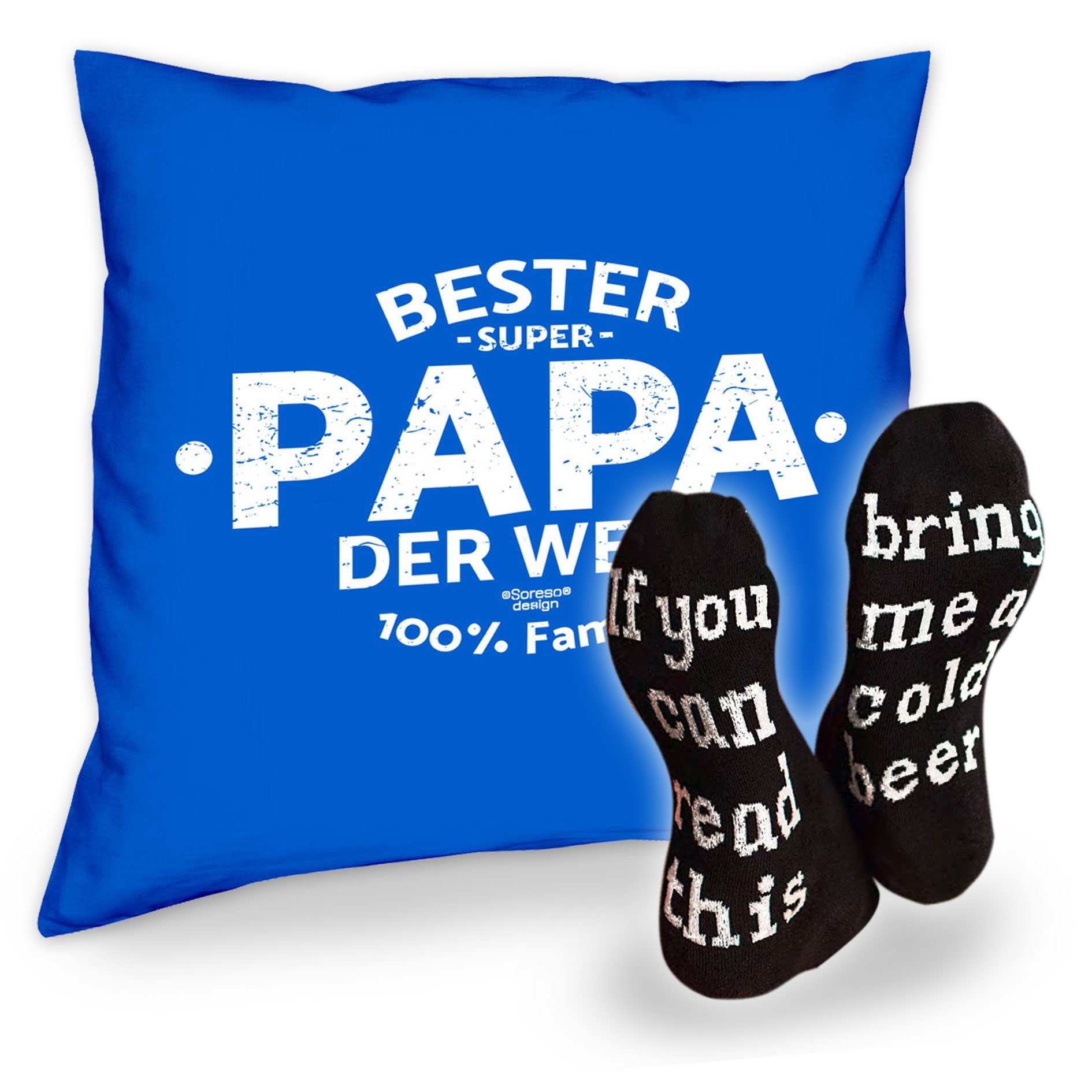 Soreso® Dekokissen Kissen Bester Papa der Welt und Socken mit Bier Spruch, Vatertagsgeschenk Papa Männer royal-blau