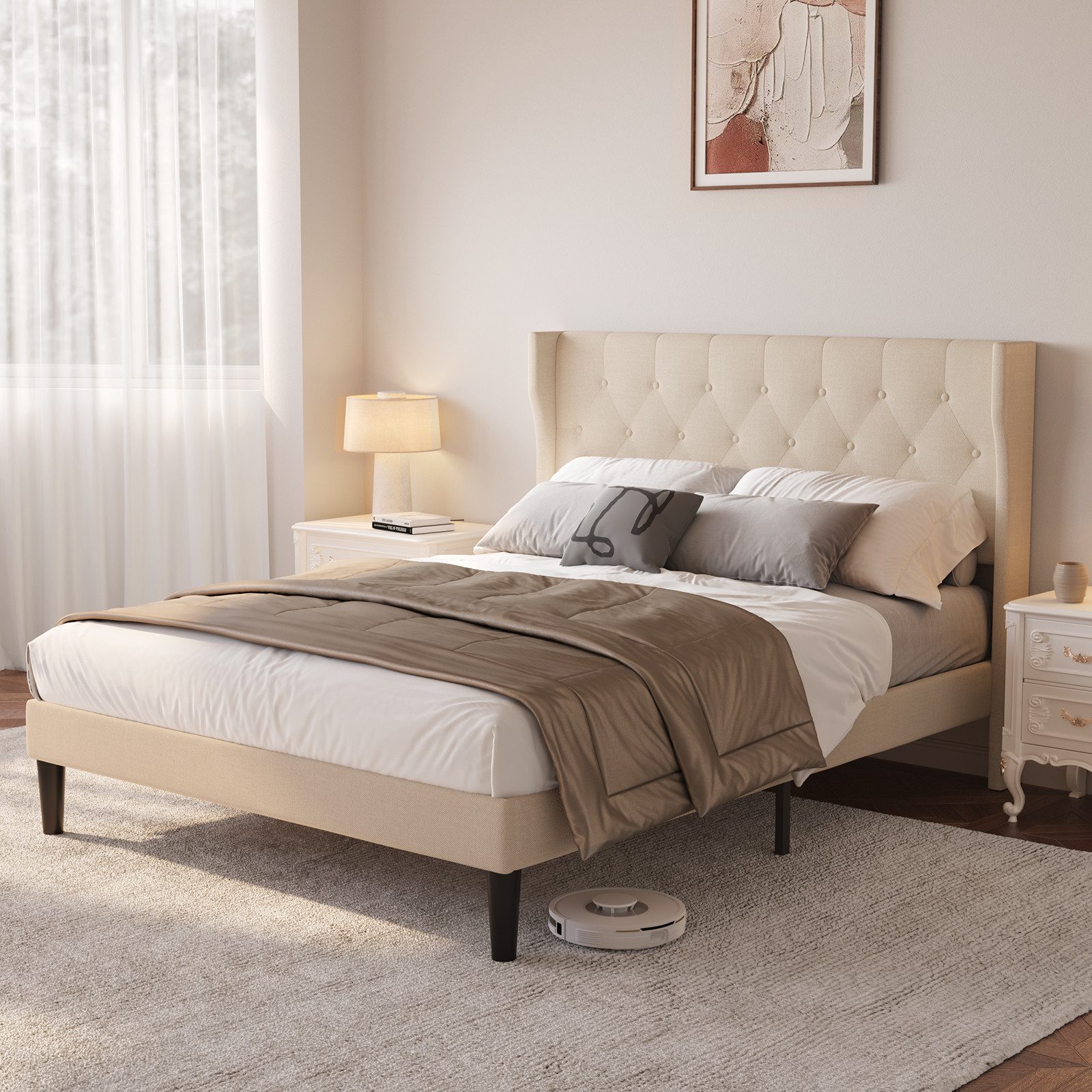 Blishom Bettgestell Polsterbett mit Flügelkopfteil, Doppelbett, Einzelbett 2 Modelle, stabiler Stoffbettrahmen mit Massivholzbeinen