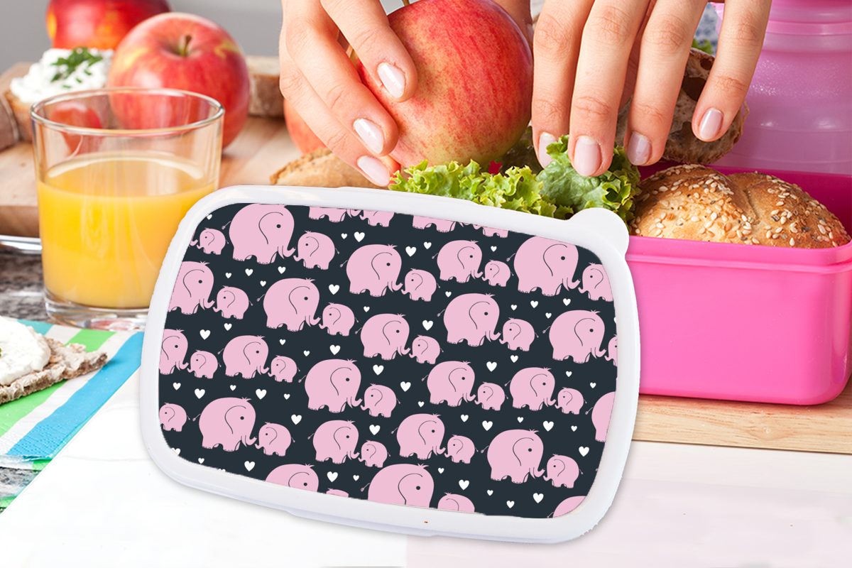 MuchoWow Lunchbox Elefant Brotbox Erwachsene, Herz Mädchen, Brotdose rosa Snackbox, - Kunststoff für - Kunststoff, Muster, Kinder, (2-tlg)