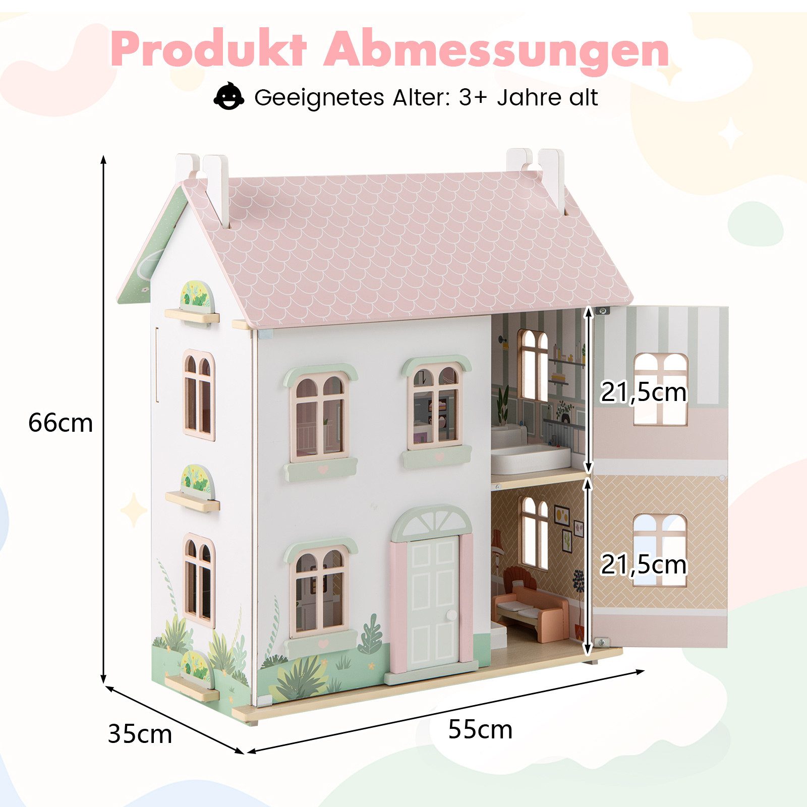COSTWAY Puppenhaus, 3 Etagen Puppenstube, Holz mit Dächern, Türen, Zubehör