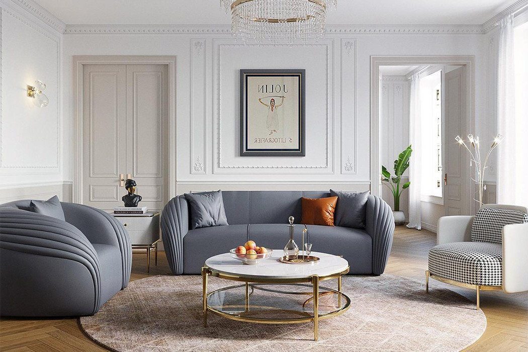 Xlmoebel Polstergarnitur Graue Leder-Couch mit eleganter Formgebung, (3+2+2 Sitzer, 3-tlg., 3+2+2 Sitzer), Hergestellt in Europa
