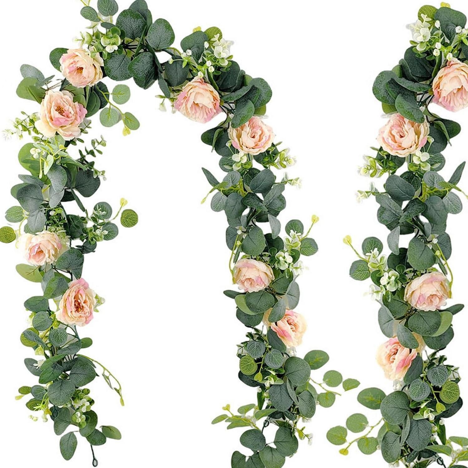 Kunstgirlande Eukalyptus Girlande Rosa Rosen 2er Set 180cm, LuxusKollektion, Höhe 5 cm
