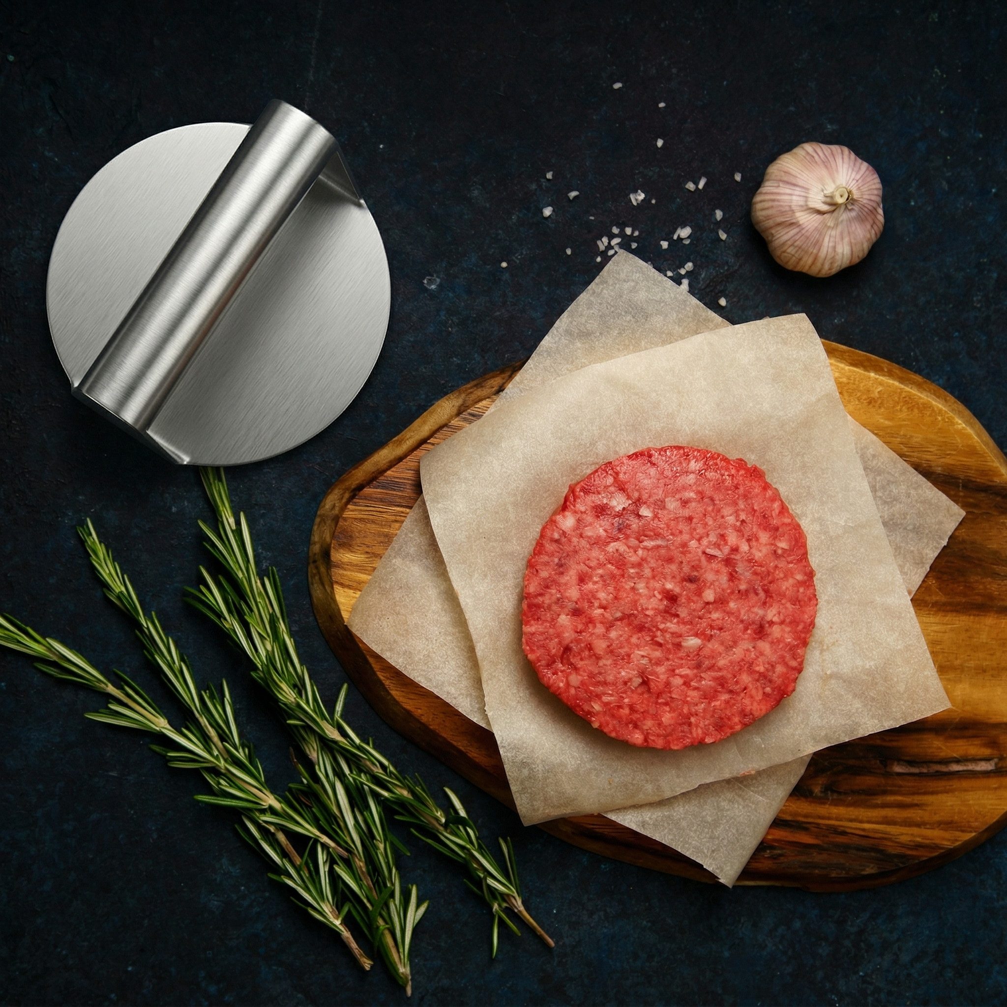 Arendo Burgerpresse Smash Burger Set XXL, Edelstahl Smasher, Burgerpresse für Smashburger (5 St), Edelstahl, leicht zu reinigen, hitzebeständig, geschmacksneutral lebensmittelecht