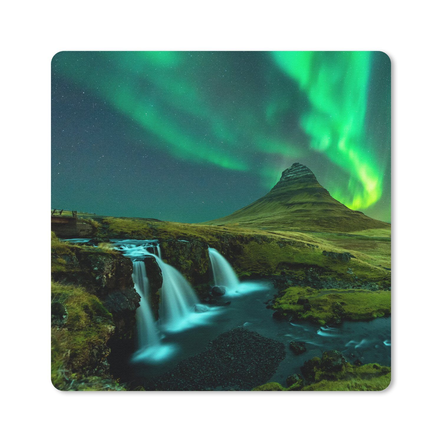 MuchoWow Mauspad Nordlichter - Wasserfall - Berg - Island (1-St), Mousepad, Schreibtisch Zubehör, Deko, 20x20 cm