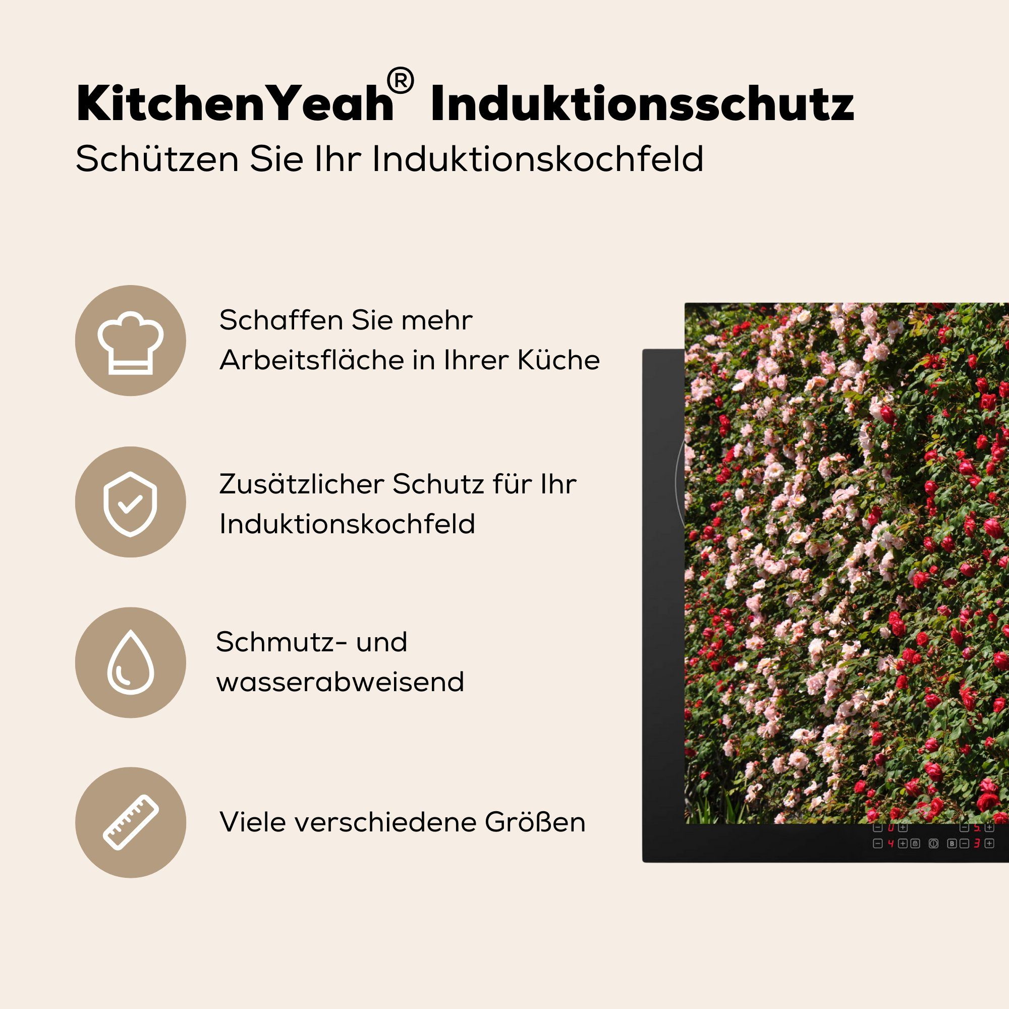 Kletterrose für Induktionskochfeld MuchoWow Rosa - (1 tlg), - küche, 81x52 Rot, cm, Vinyl, Herdblende-/Abdeckplatte Ceranfeldabdeckung die Schutz