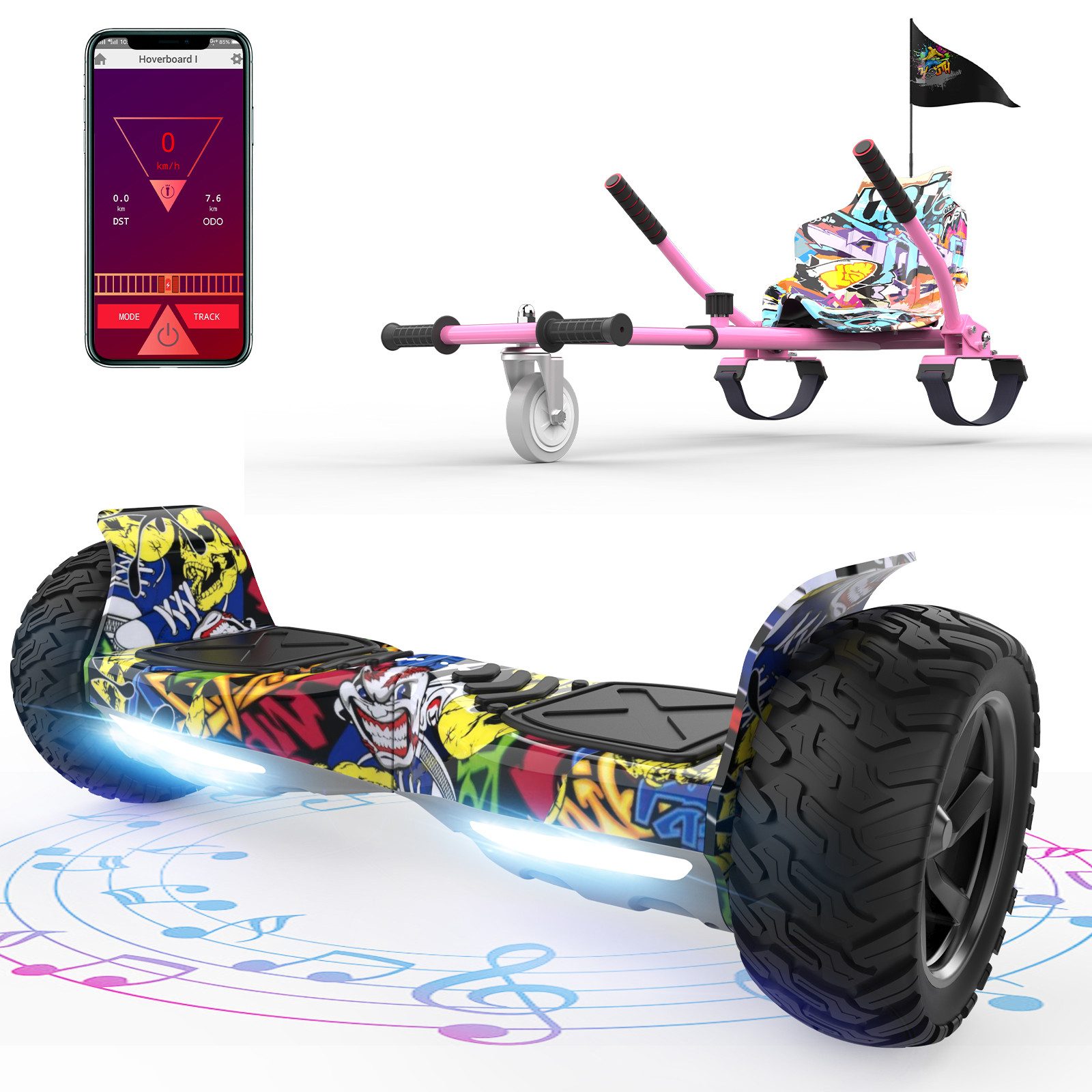 Balance Scooter Kart Set, 8,5'' Off-Road SUV Hoverboard mit Sitz, Go-Kart, APP, Bluetooth