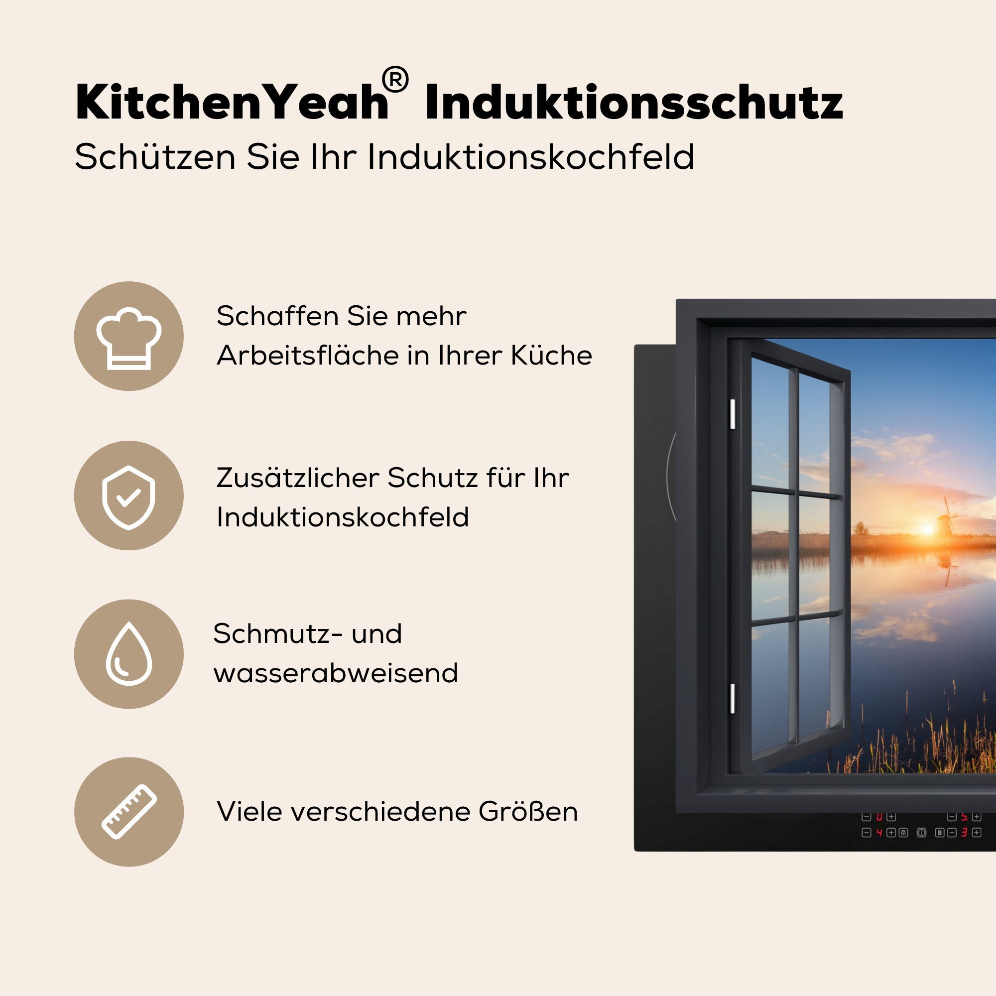 MuchoWow Herdblende-/Abdeckplatte Aussicht Mühle Induktionskochfeld Schutz cm, (1 die Sonne, tlg), Vinyl, - küche, 81x52 - für Ceranfeldabdeckung