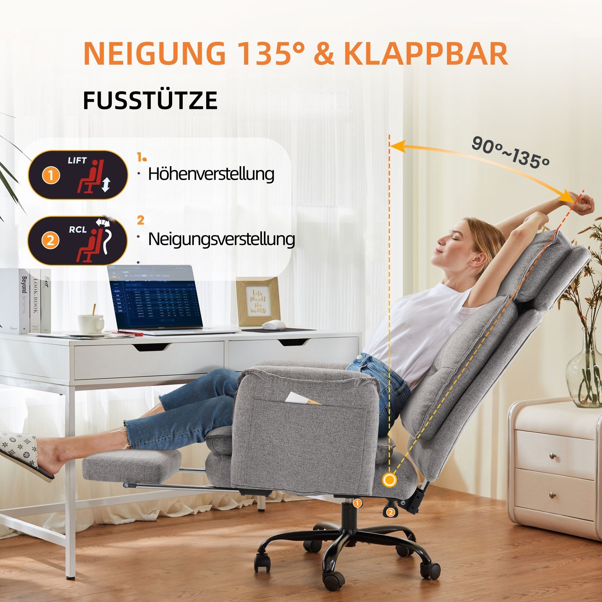 IWMH Bürostuhl Ergonomisch Chefsessel mit Kopfstütze und Fußstütze (Höhenverstellbar Schreibtischstuhl), Drehstuhl für Arbeitszimmmer Konferenzraum Büro Gaming – Bild 4 von 5